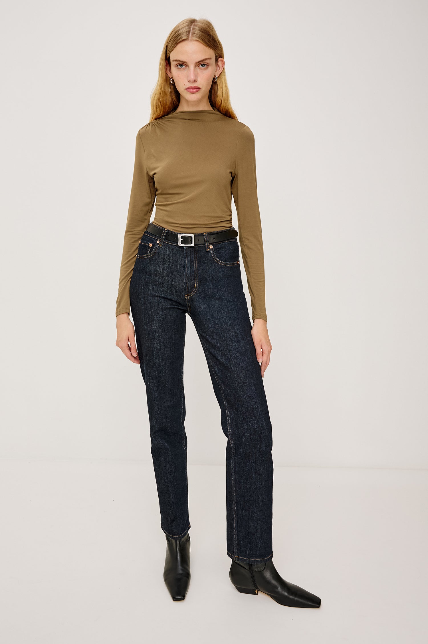 Joelle Top in Soft Gauze Jersey With Soft Mock Neck, Fitted Silhouette, Side Shirring, and Long Sleeves in Ginger Colorway - Full Body Front View Featued on Model