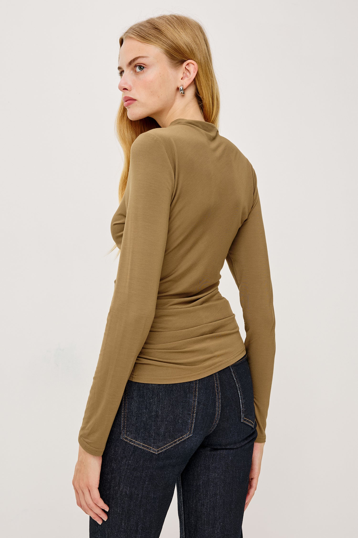 Joelle Top in Soft Gauze Jersey With Soft Mock Neck, Fitted Silhouette, Side Shirring, and Long Sleeves in Ginger Colorway - Upper Body Back View Featued on Model