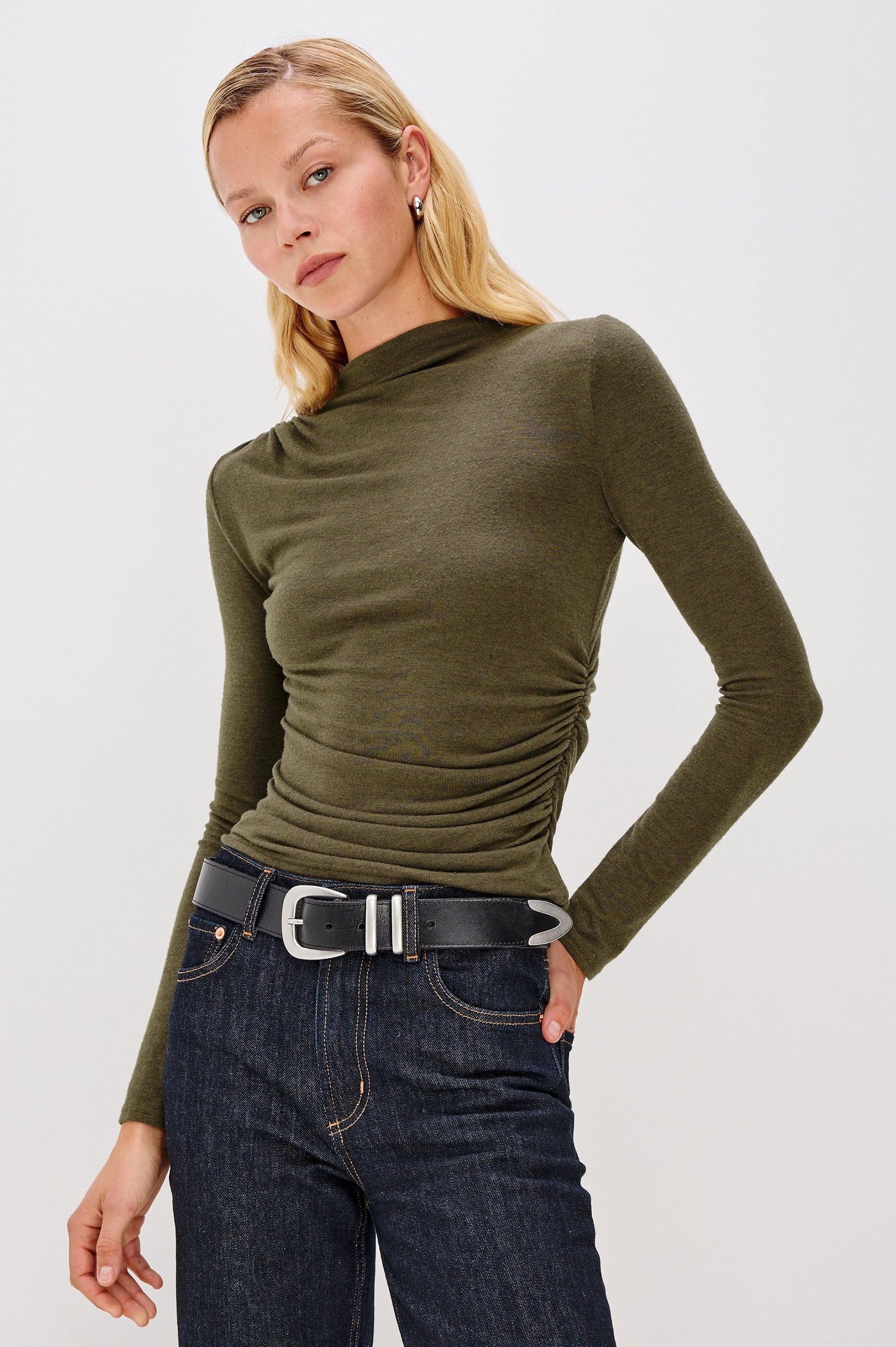 Joelle Long Sleeve Top with An Asymmetrical Mock Neck and Shirring on the Right Shoulder in Heather Olive Colorway - Front View Featured on Model