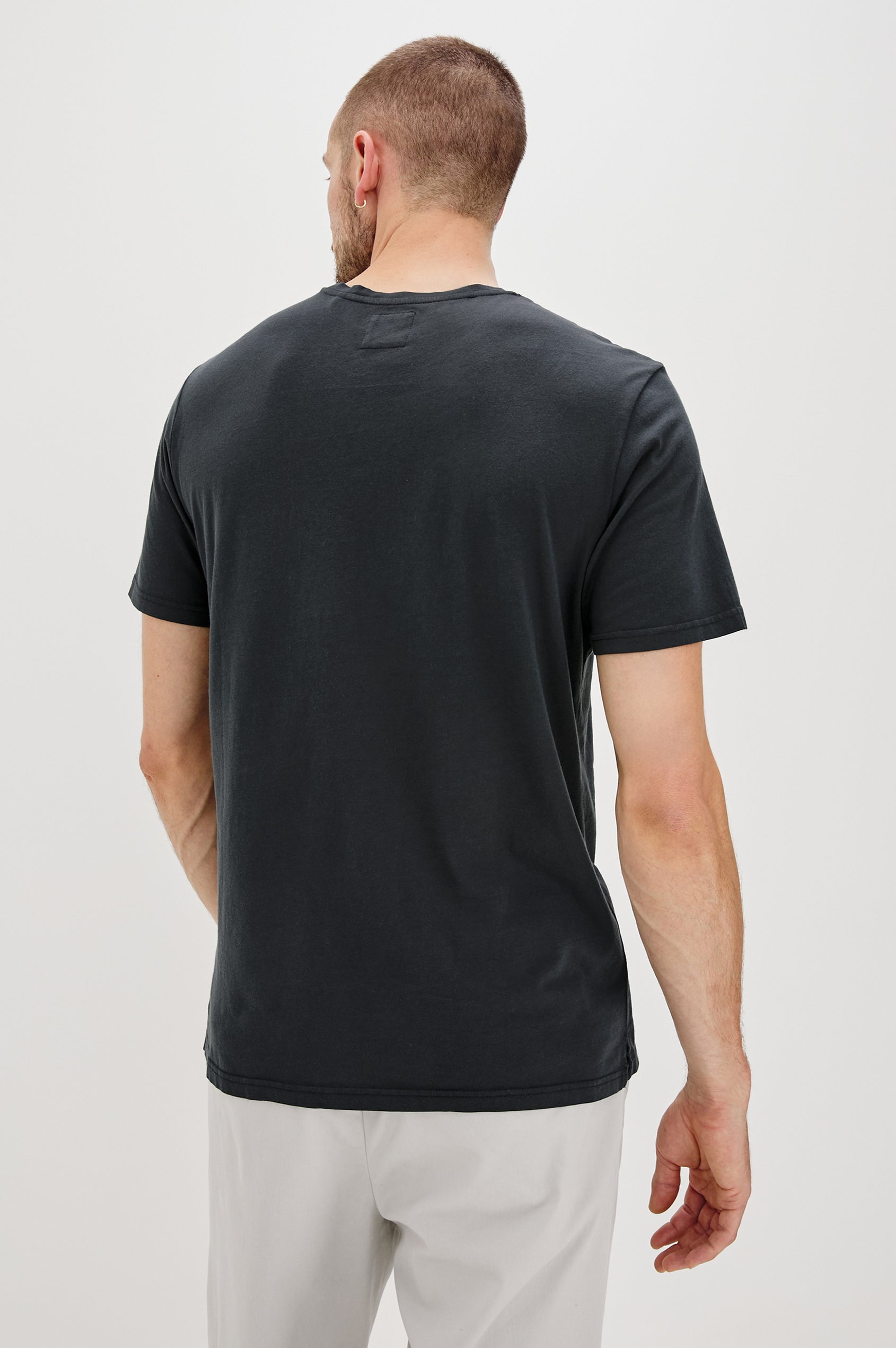 Johnny T-Shirt in Modal Jersey With Short Sleeves, Chest Patch Pocket, and Classic Fit in Carbon Colorway - Upper Body Back View Featured on Model