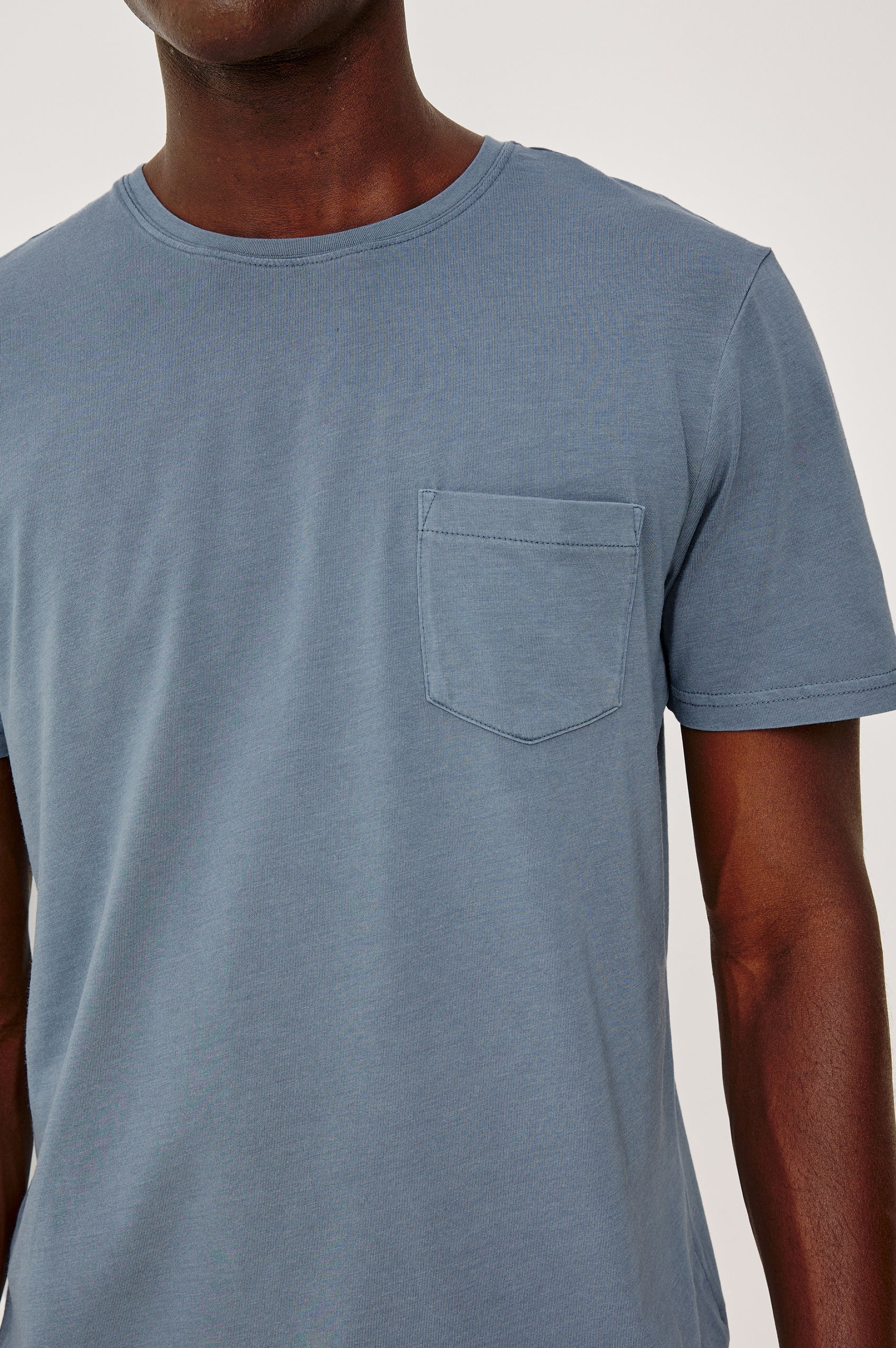 Johnny T-Shirt in Modal Jersey With Short Sleeves, Chest Patch Pocket, and Classic Fit in Steel Colorway - Upper Body Front Detail View Featured on Model