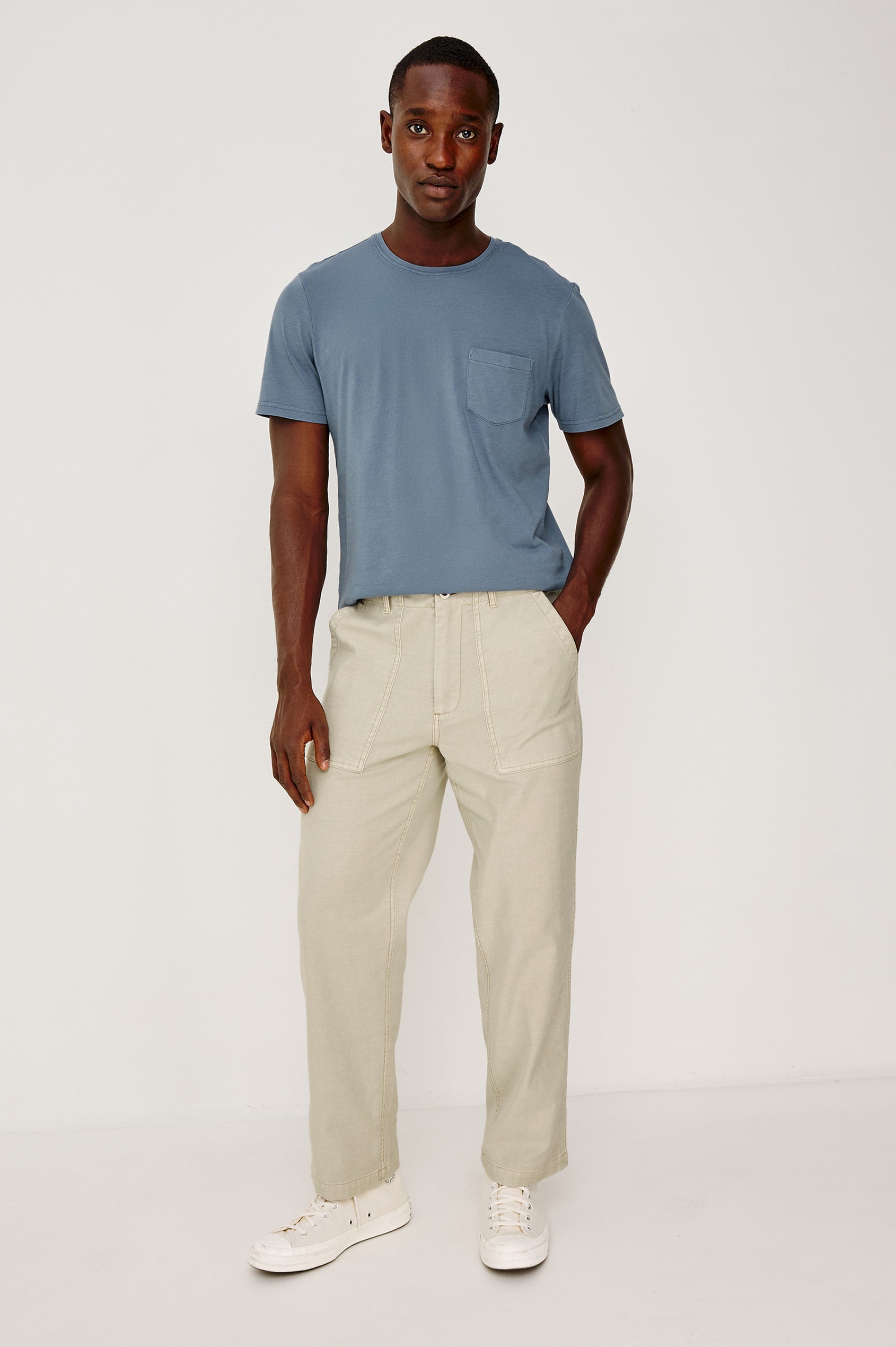 Johnny T-Shirt in Modal Jersey With Short Sleeves, Chest Patch Pocket, and Classic Fit in Steel Colorway - Full Body Front View Featured on Model