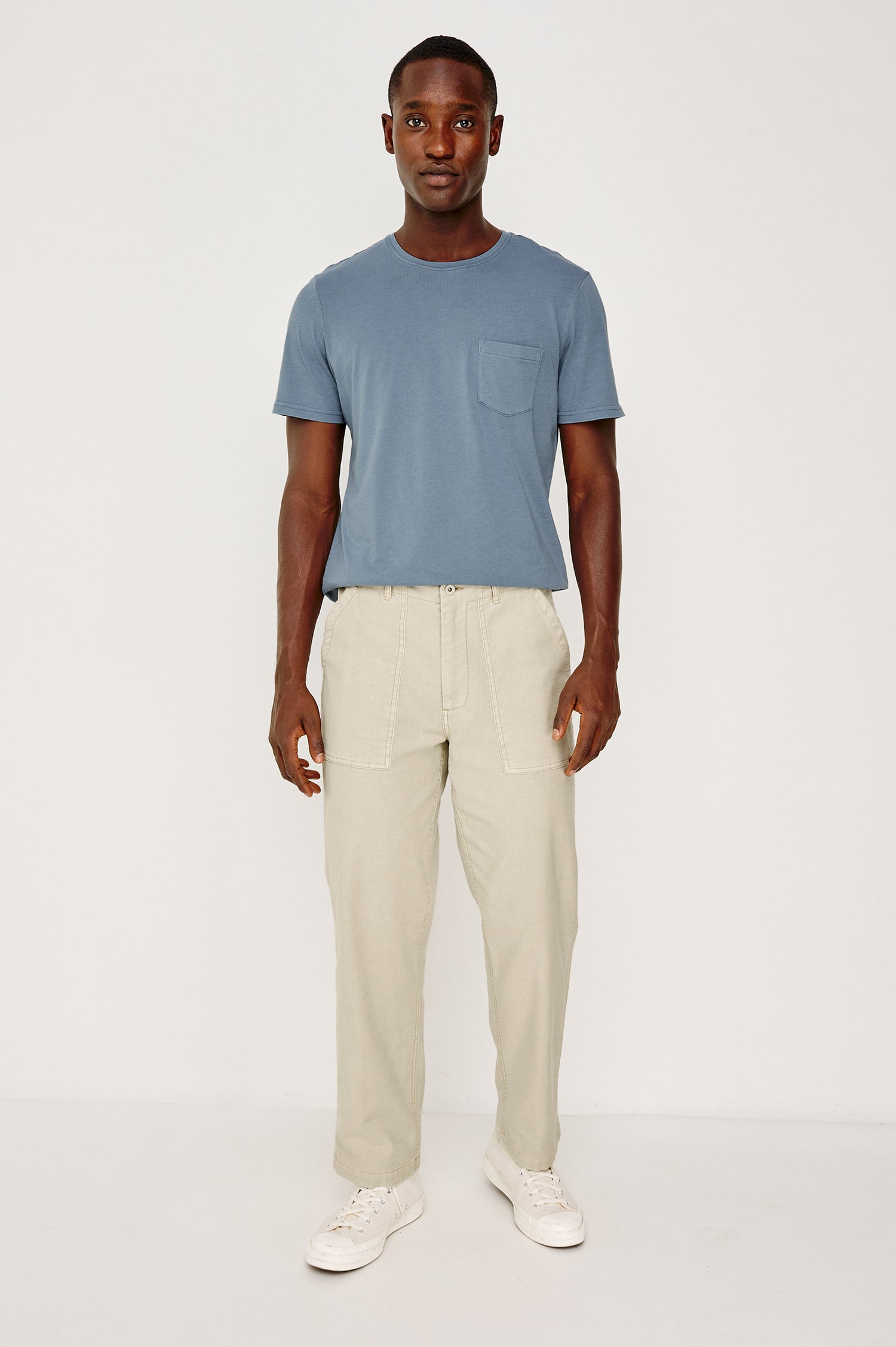 Johnny T-Shirt in Modal Jersey With Short Sleeves, Chest Patch Pocket, and Classic Fit in Steel Colorway - Full Body Front View Featured on Model