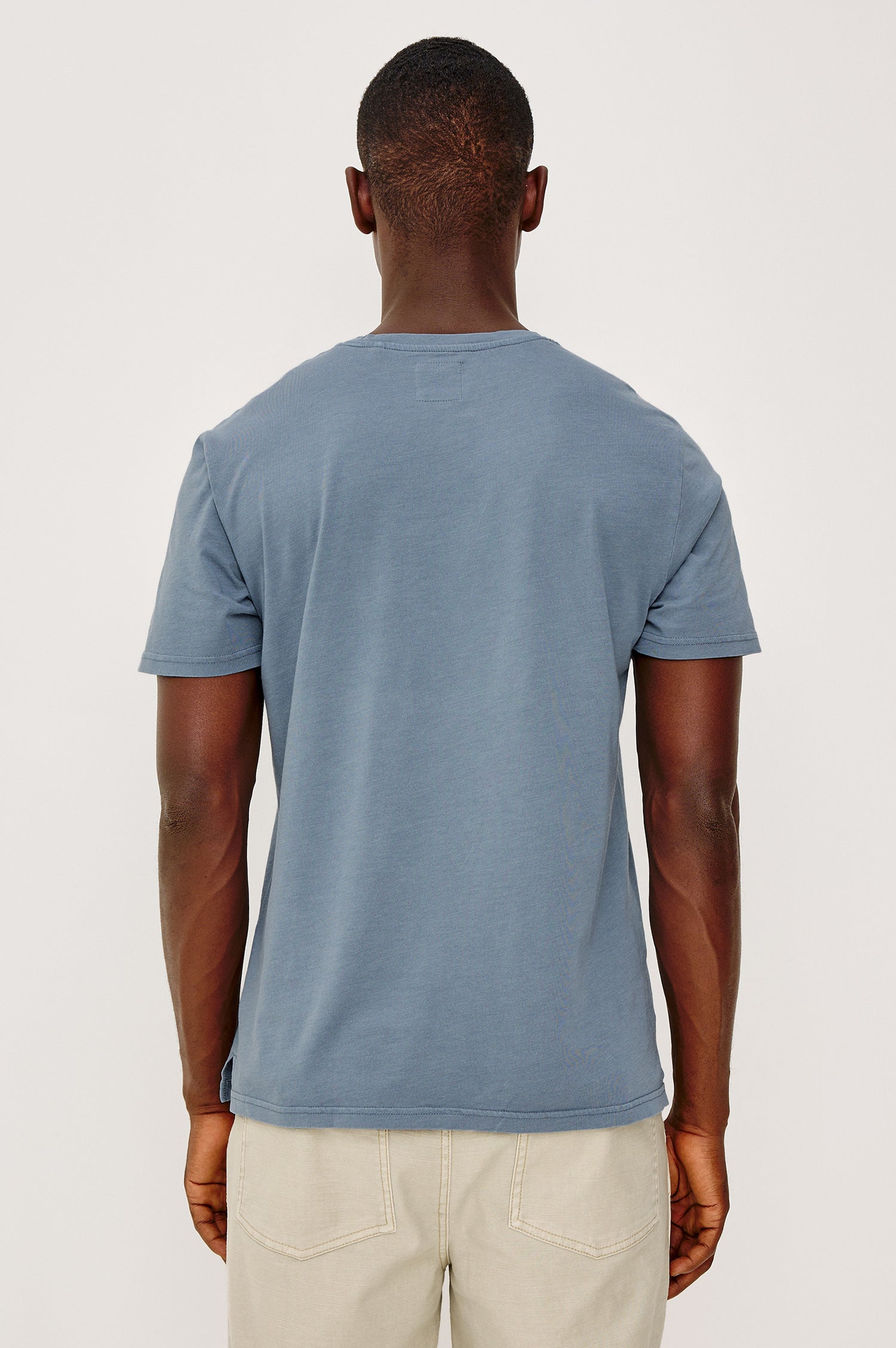 Johnny T-Shirt in Modal Jersey With Short Sleeves, Chest Patch Pocket, and Classic Fit in Steel Colorway - Upper Body Back View Featured on Model