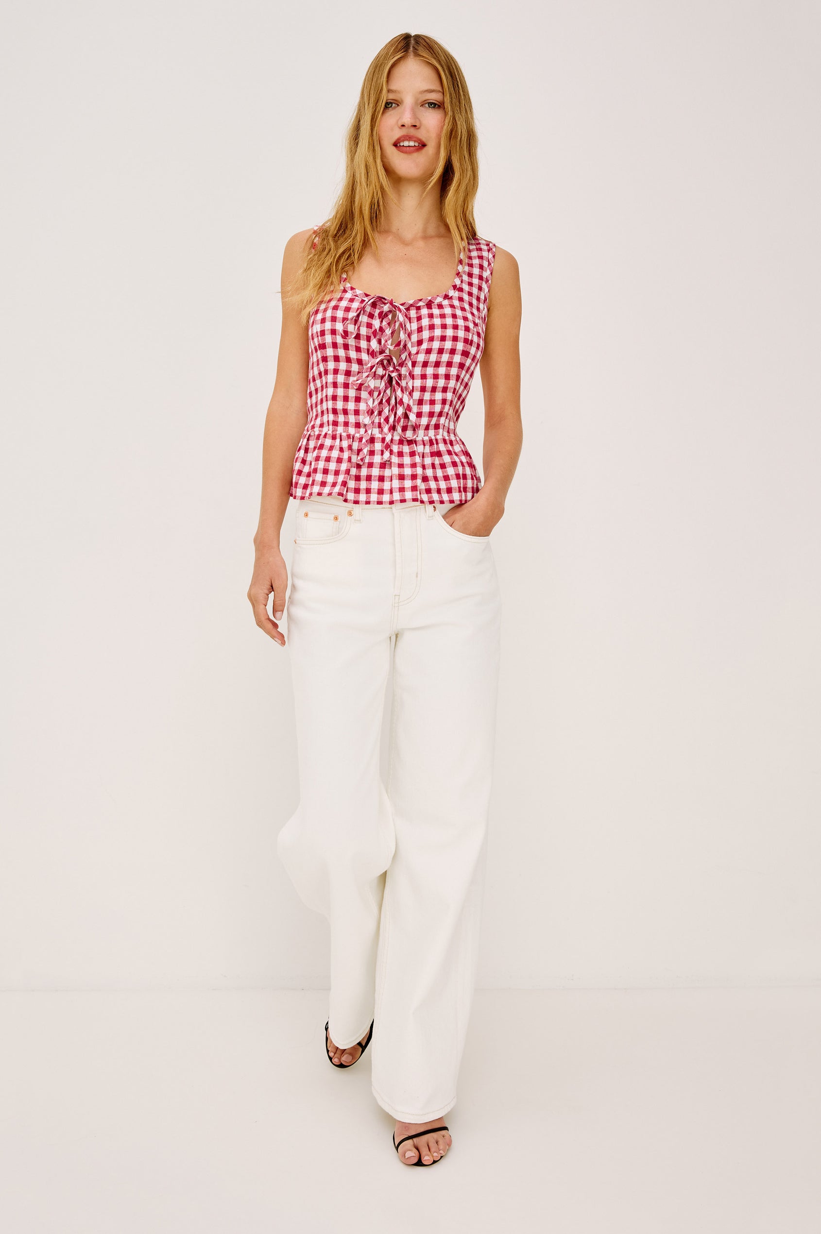 Jonah Crop Top in Linen With Plunging Front With Self-Ties, Side Seam Zipper, Front Princess Seams, and Peplum Hem in Picnic Check Colorway - Full Body Front View Featured on Model