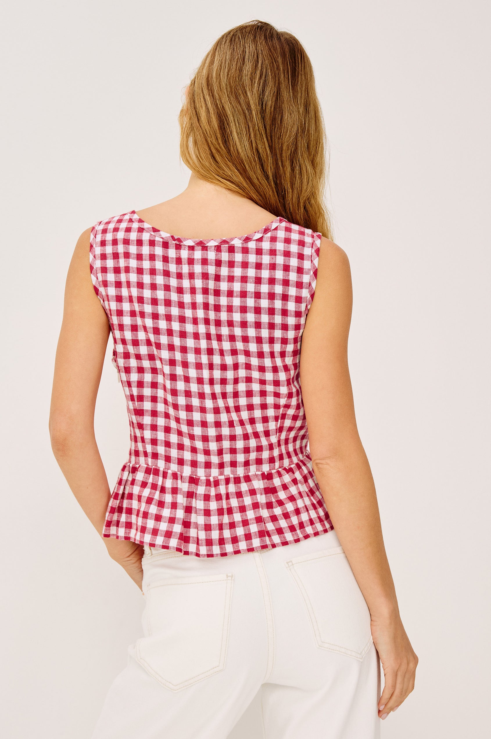 Jonah Crop Top in Linen With Plunging Front With Self-Ties, Side Seam Zipper, Front Princess Seams, and Peplum Hem in Picnic Check Colorway - Upper Body Back View Featured on Model
