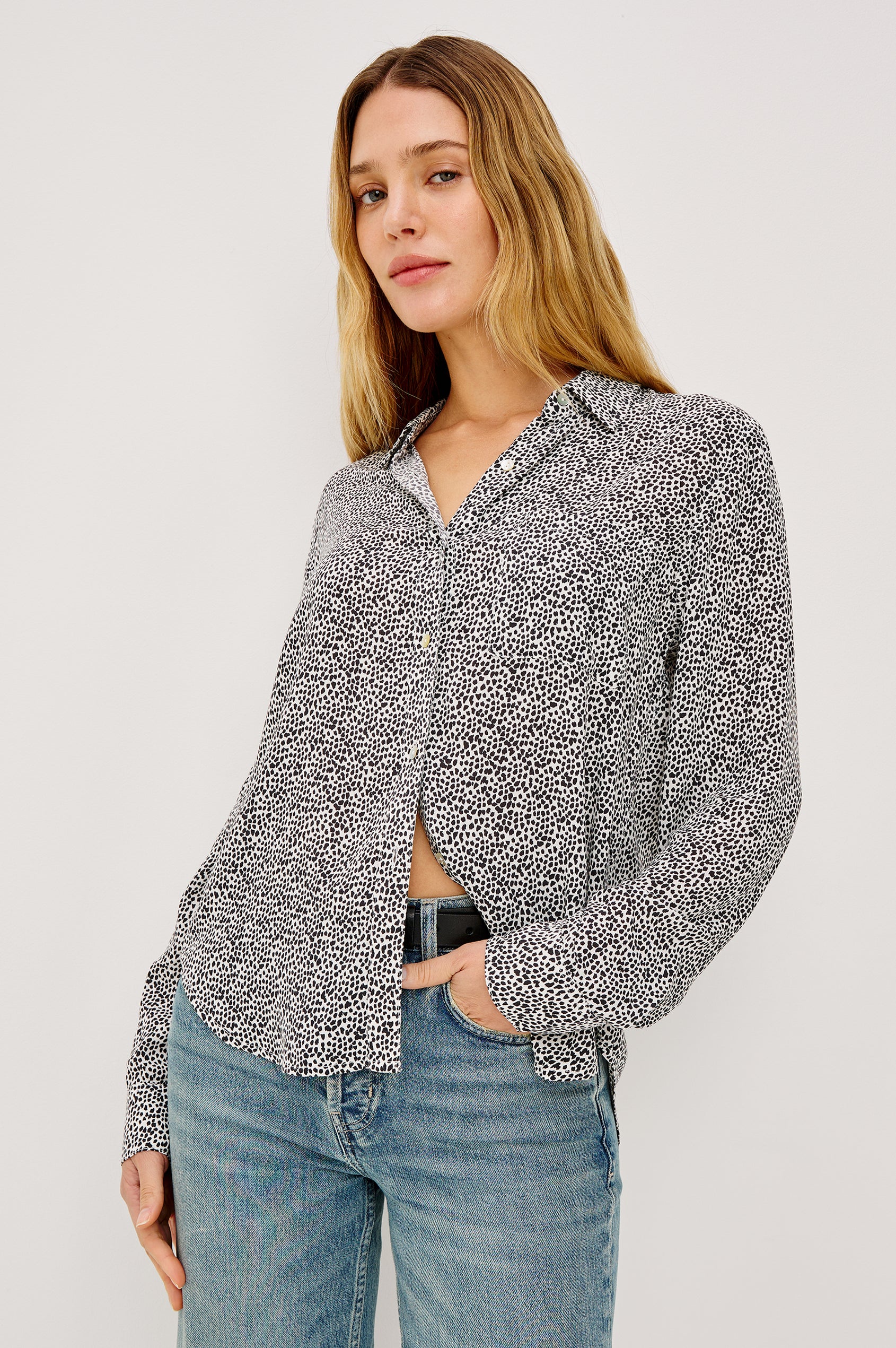 Josephine Collared Button Front Shirt with Long Sleeves and a Front Chest Pocket in Ivory Micro Spots Colorway. Front View of Model Shown.