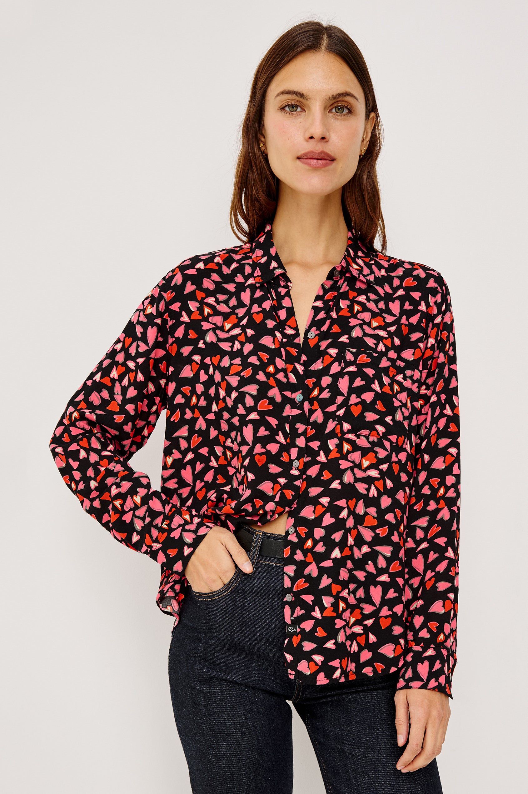 Josephine Button-Up Shirt in Rayon With Collar, Front Buttons, Chest Pockets, and Long Sleeves in Lovestruck Heart Colorway - Upper Body Front View Featured on Model