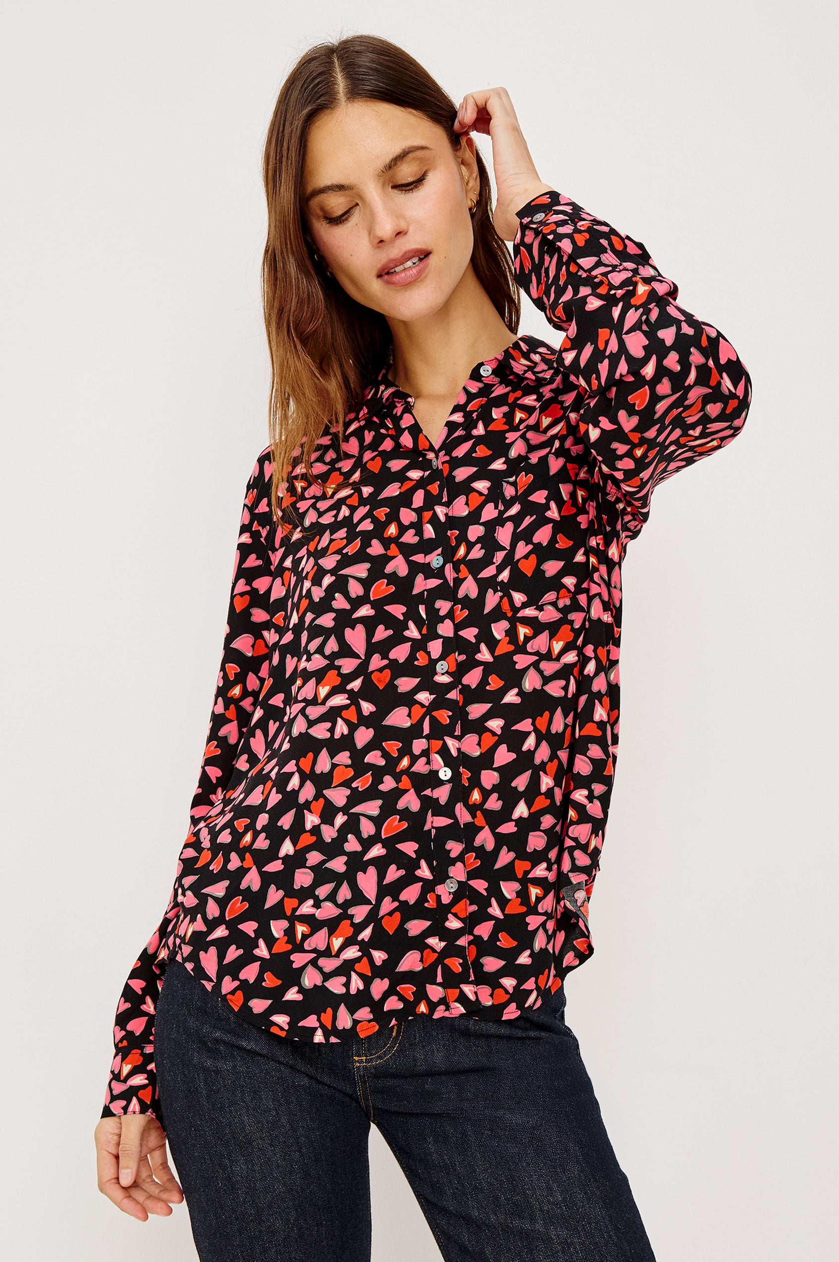 Josephine Button-Up Shirt in Rayon With Collar, Front Buttons, Chest Pockets, and Long Sleeves in Lovestruck Heart Colorway - Upper Body Front View Featured on Model