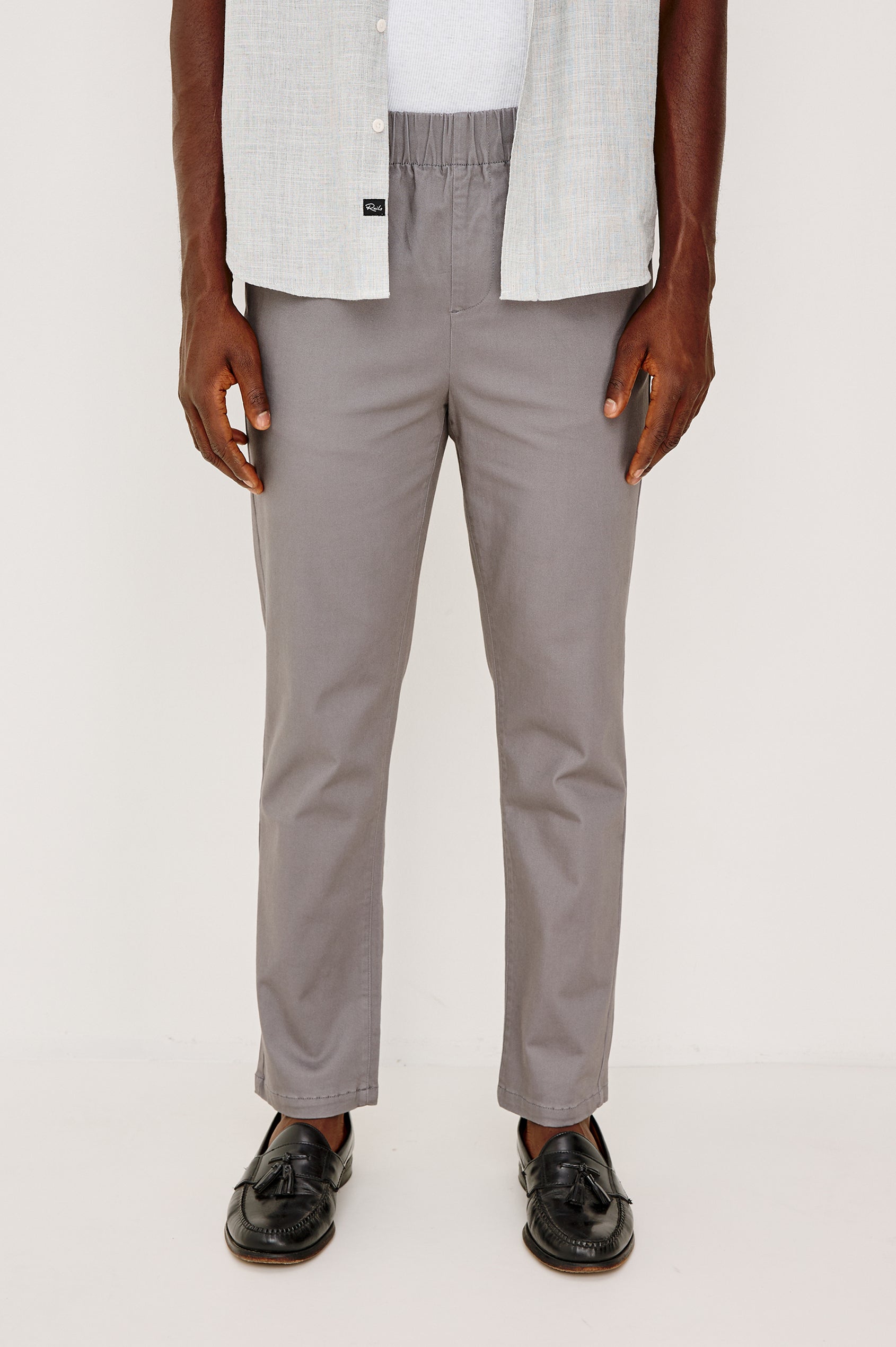 Julian Pants with an Elastic Waist, Two Front Pockets and Two Back Welt Pockets in Concrete Colorway - Front View Featured on Model