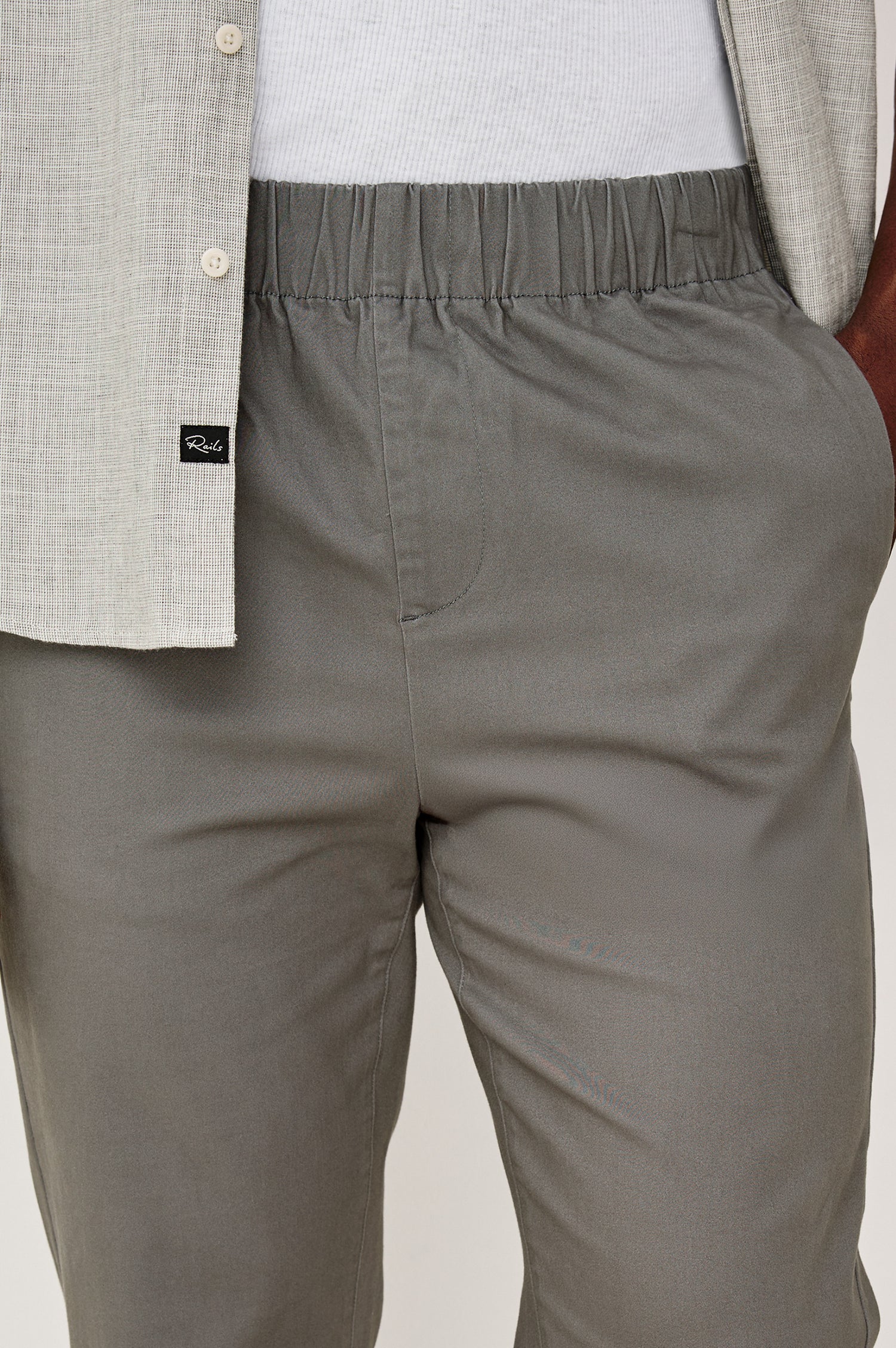 Julian Pant in Sueded Cotton Stretch with an Elastic Waist, Side Pockets, and Two Back Welt Pockets in Concrete Colorway - Lower Body Front Close Up View Featured on Model