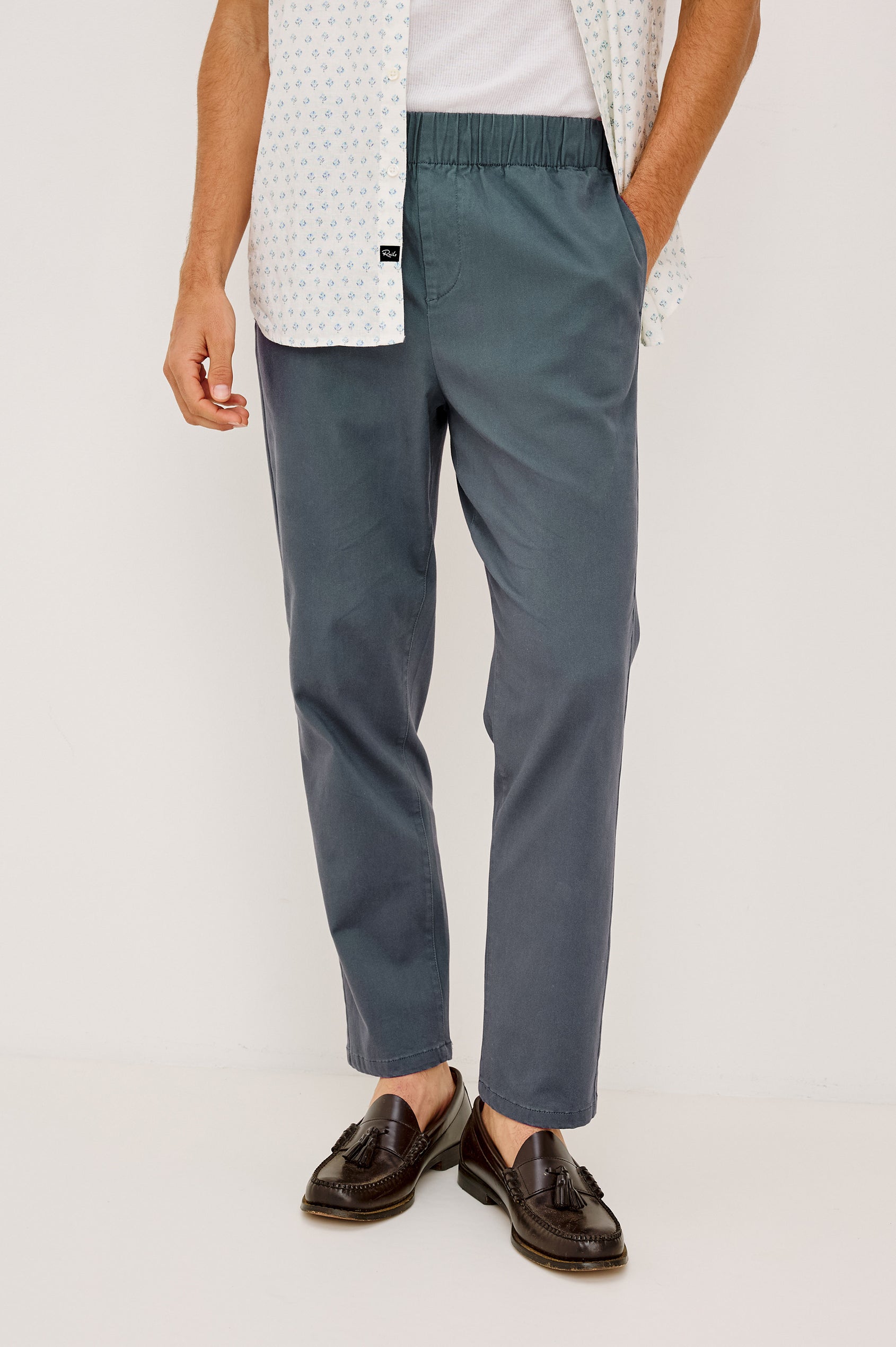 Julian Pant in Cotton Blend With Relaxed Straight Fit, Elastic Waist, and Back Welt Pockets Faded Blue Colorway - Lower Body Front View Featured on Model