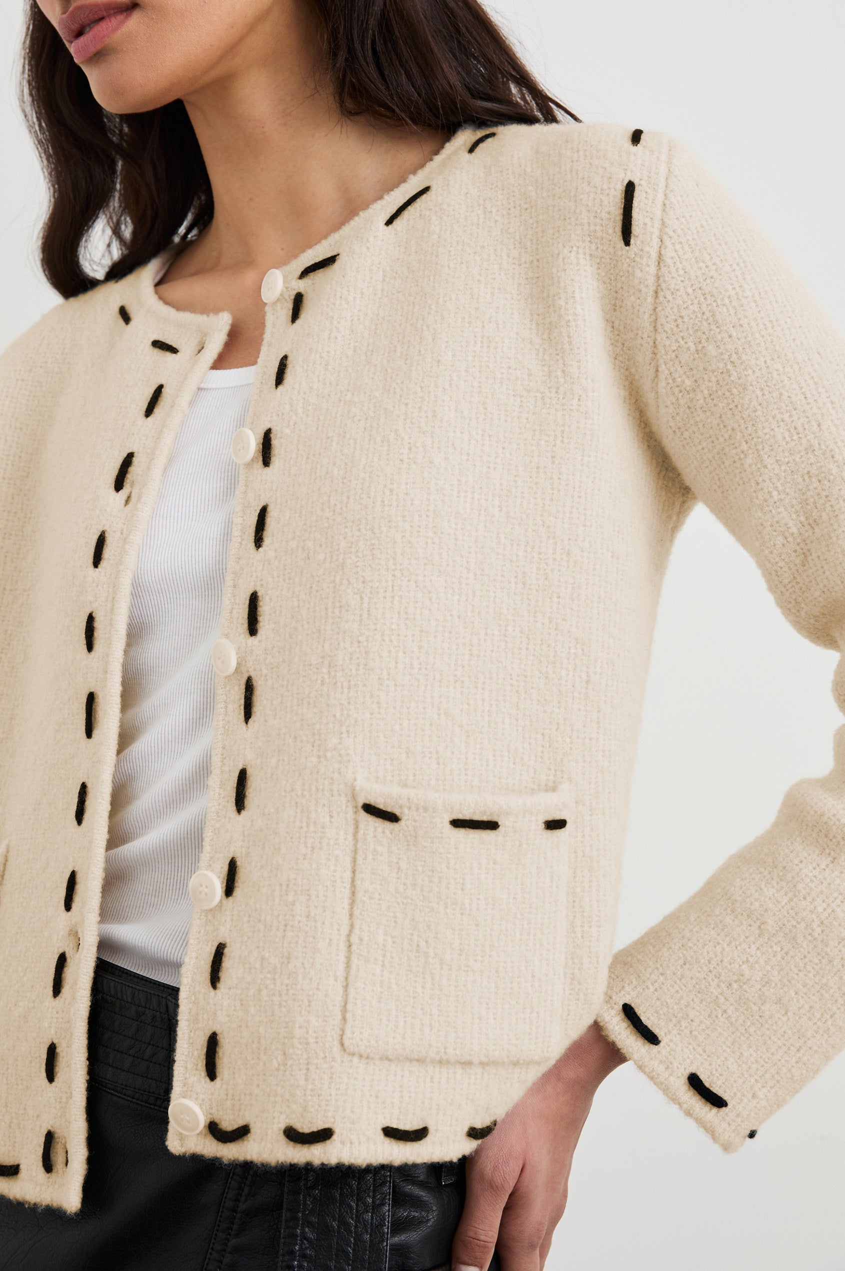 Juliette Long-Sleeve Cardigan with Button Closure, Two Front Patch Pockets, and Crew Neck in Ivory Colorway, with Black Trim Stitching - Front View Featured on Model