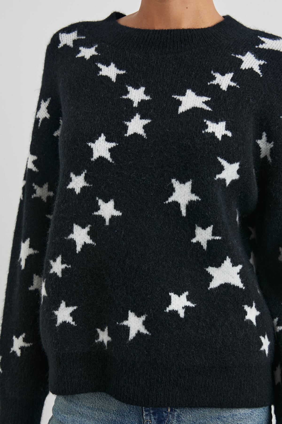 Kana Long-Sleeve Sweater with a Crew Neck in Star Chain Colorway, White Stars on Black - Front View Featured on Model 