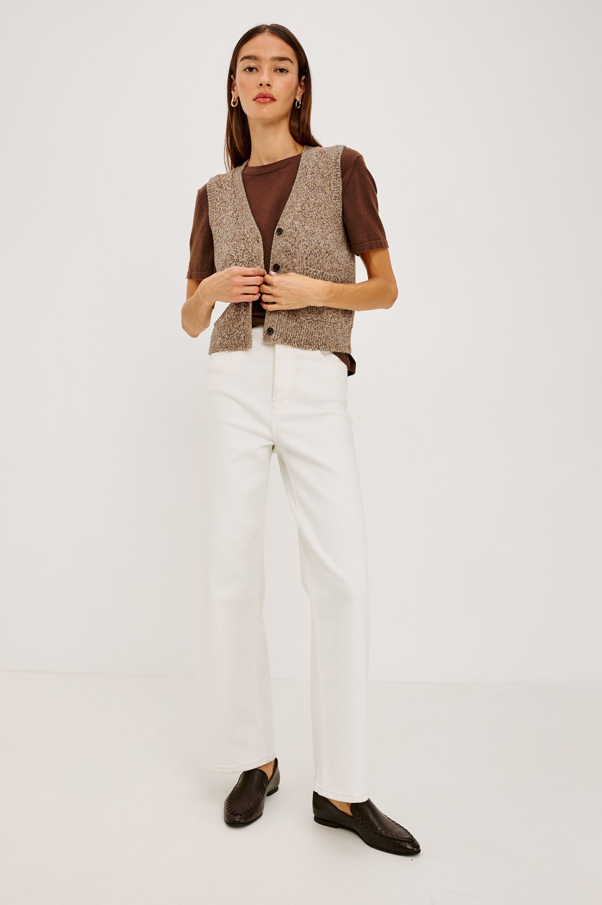 Kasmir Sleeveless Vest in Recycled Poly Knit Blend With V-Neckline, Front Buttons, and Front Patch Pockets in Brown Melanga Colorway - Full Body Front View Featured on Model