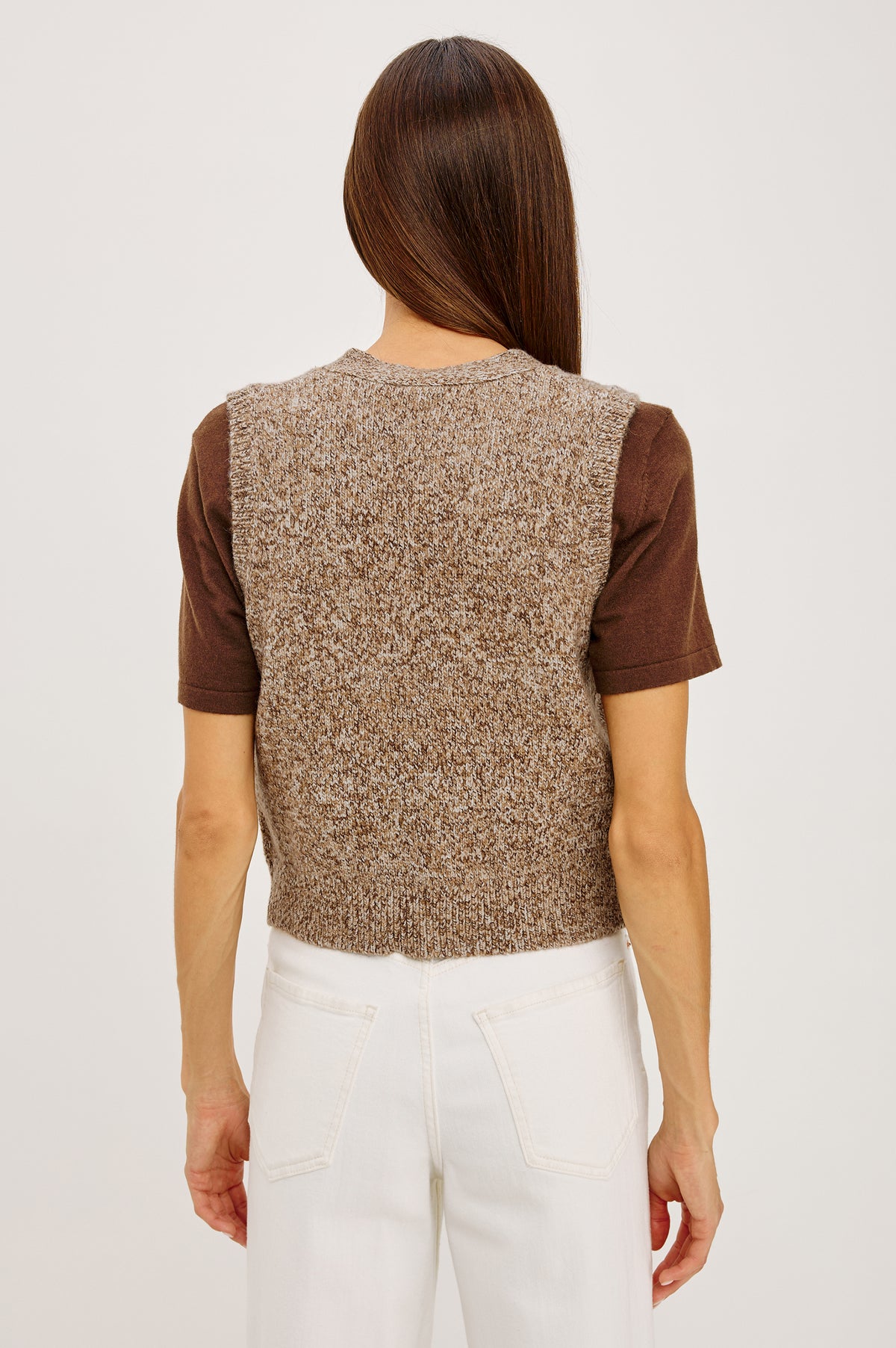 Kasmir Sleeveless Vest in Recycled Poly Knit Blend With V-Neckline, Front Buttons, and Front Patch Pockets in Brown Melanga Colorway - Upper Body Back View Featured on Model