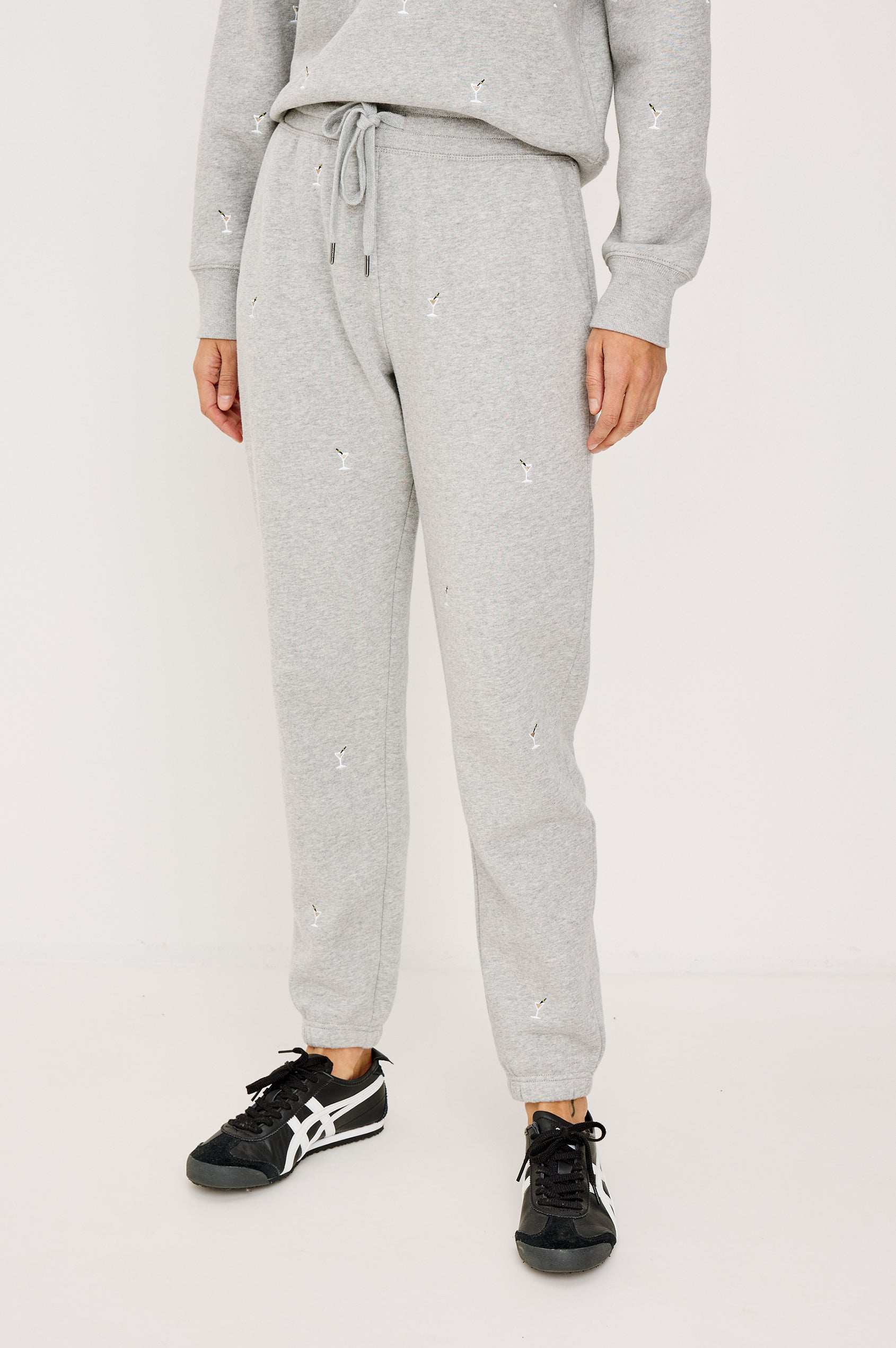 Kingston Jogger Sweatpants in Cotton Fleece With Embroidered Martinis and Elastic Drawstring Waistband - Lower Body Front View Featured on Model