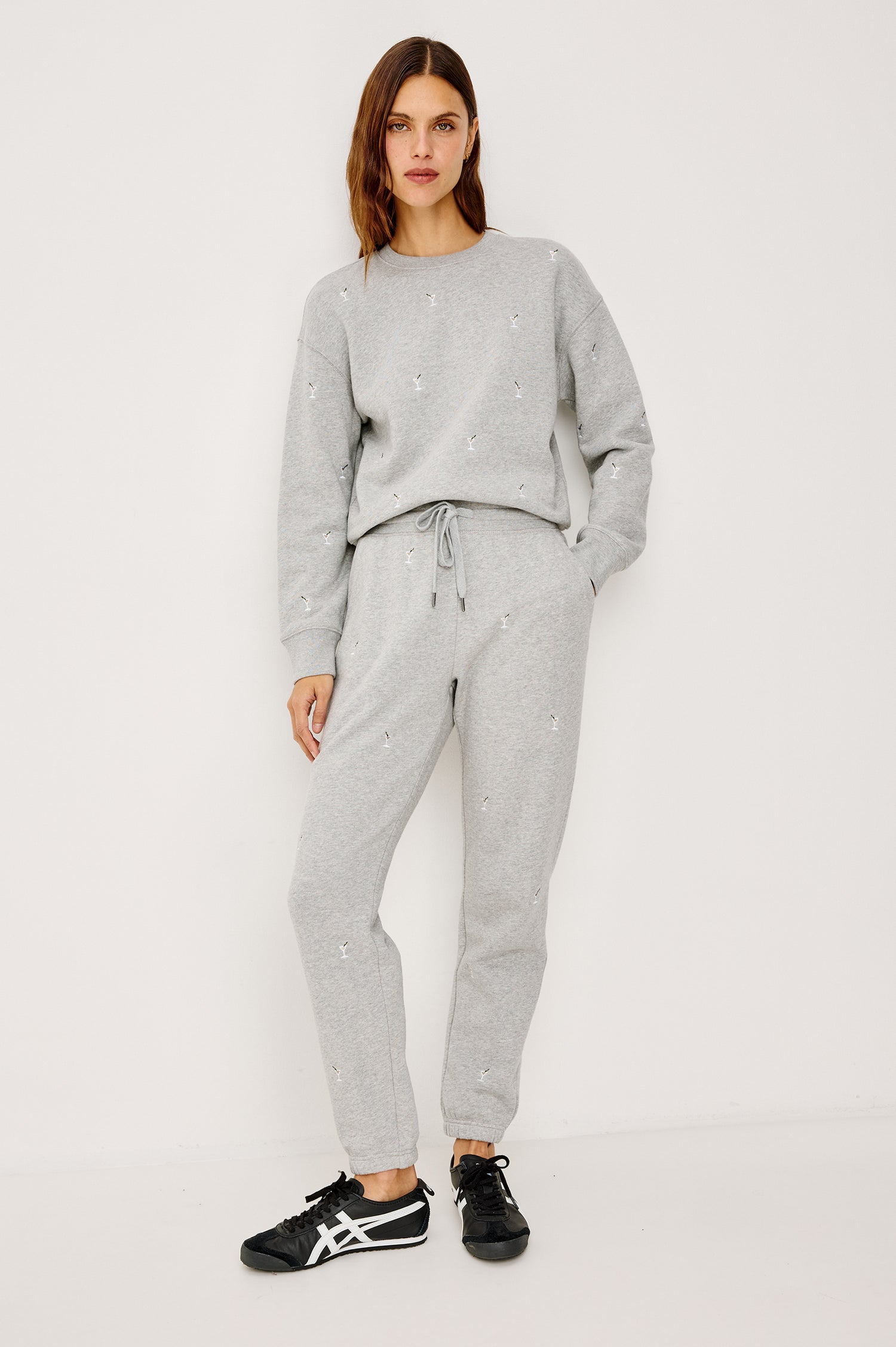 Kingston Jogger Sweatpants in Cotton Fleece With Embroidered Martinis and Elastic Drawstring Waistband - Full Body Front View Featured on Model