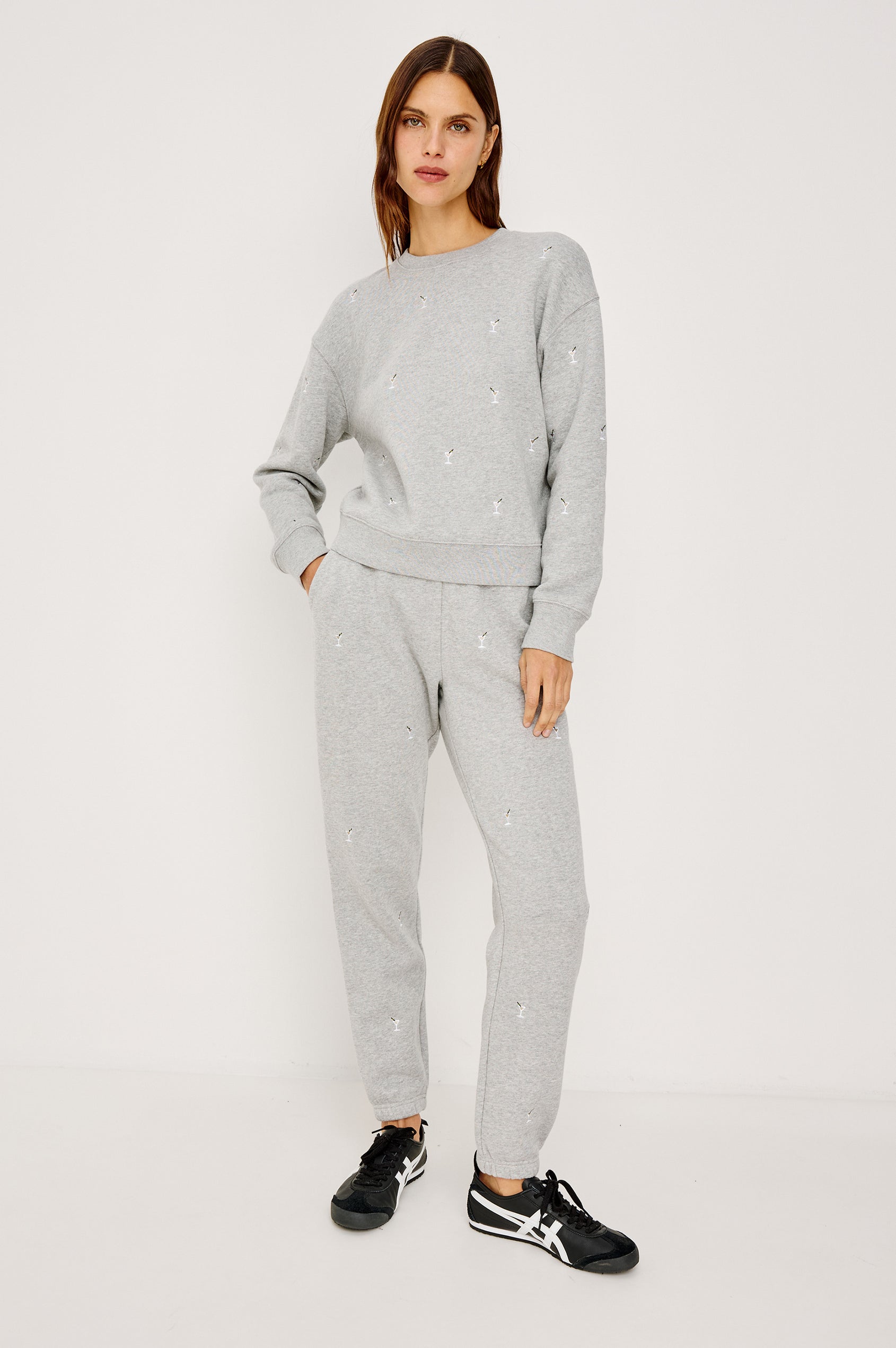 Kingston Jogger Sweatpants in Cotton Fleece With Embroidered Martinis and Elastic Drawstring Waistband - Full Body Front View Featured on Model