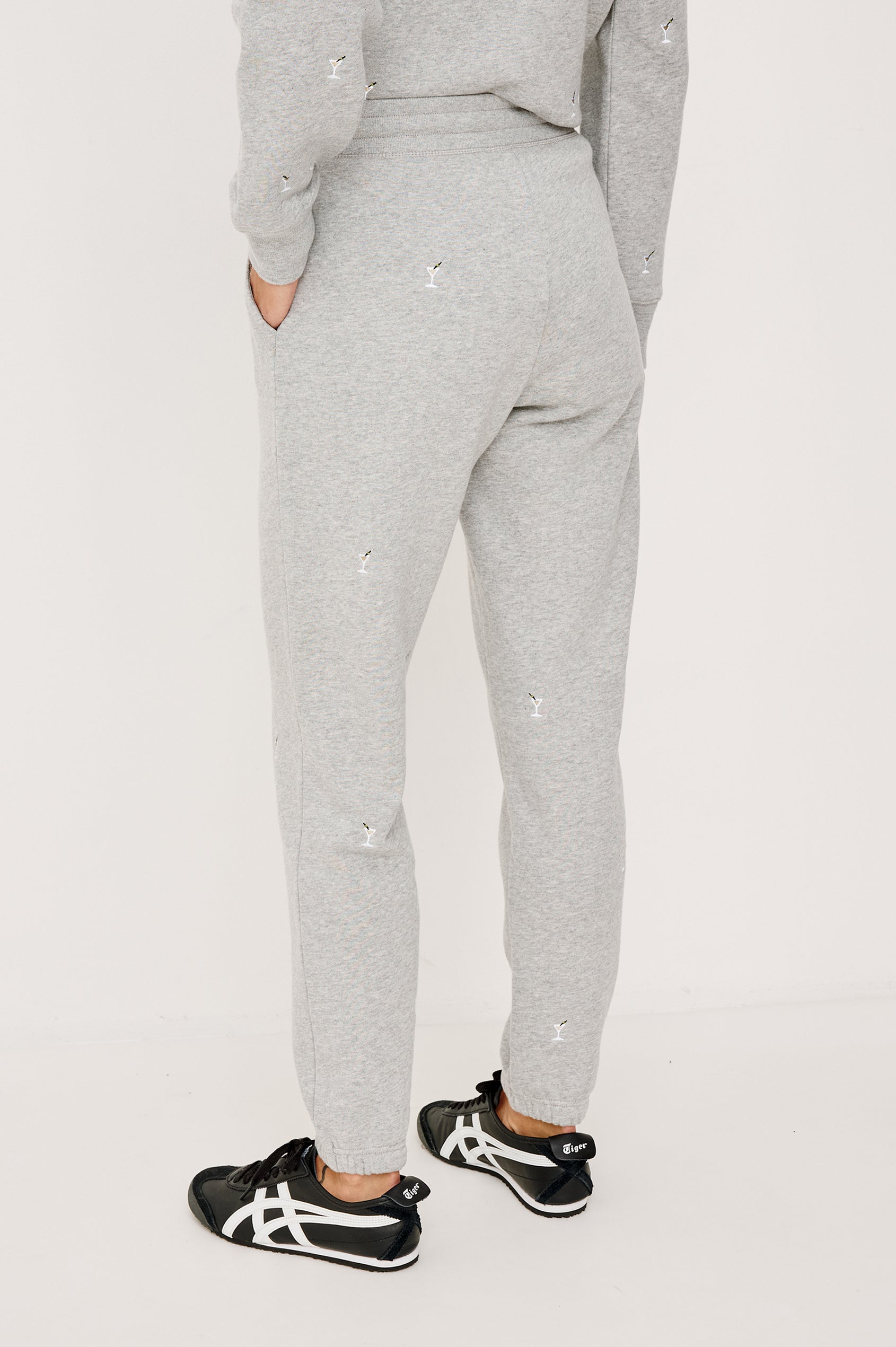 Kingston Jogger Sweatpants in Cotton Fleece With Embroidered Martinis and Elastic Drawstring Waistband - Lower Body Back View Featured on Model
