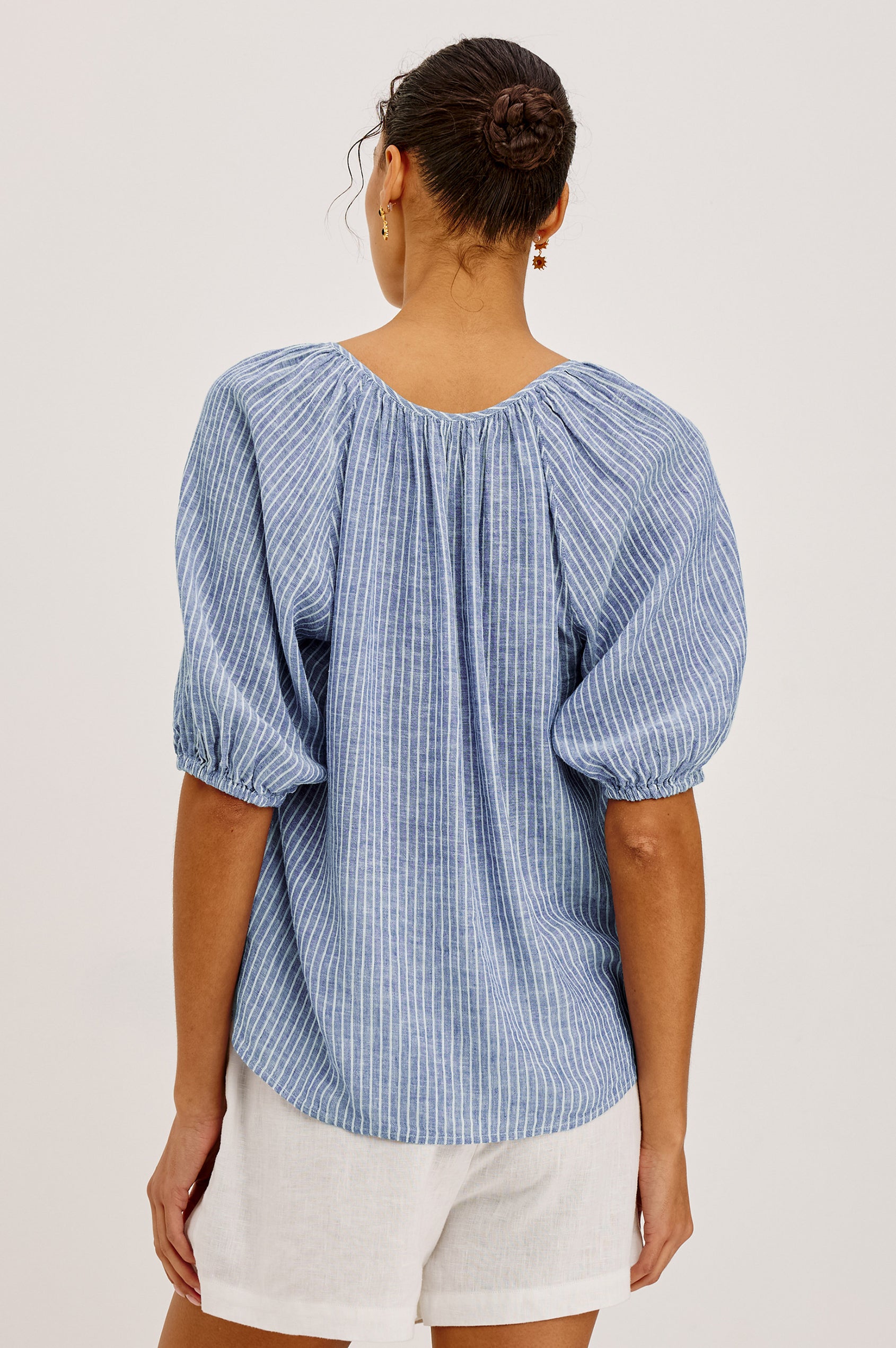 Kirstie Linen Top With Wide Scoop Neckline and Self-Ties, Elbow-Length Raglan Sleeves With Elastic Cuffs, and Loose Fit in Barletta Stripe Colorway - Upper Body Back View Featured on Model