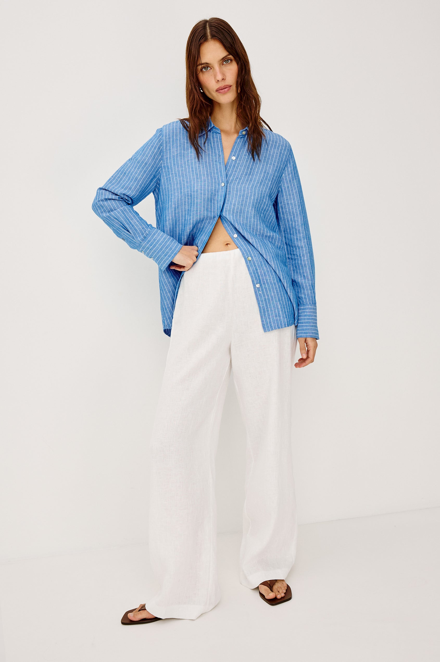 Knox Button-Up Shirt in Linen Viscose With Collar, Front Buttons, Long Sleeves, and Relaxed Fit in Avalon Stripe Colorway - Full Body Front View Featured on Model