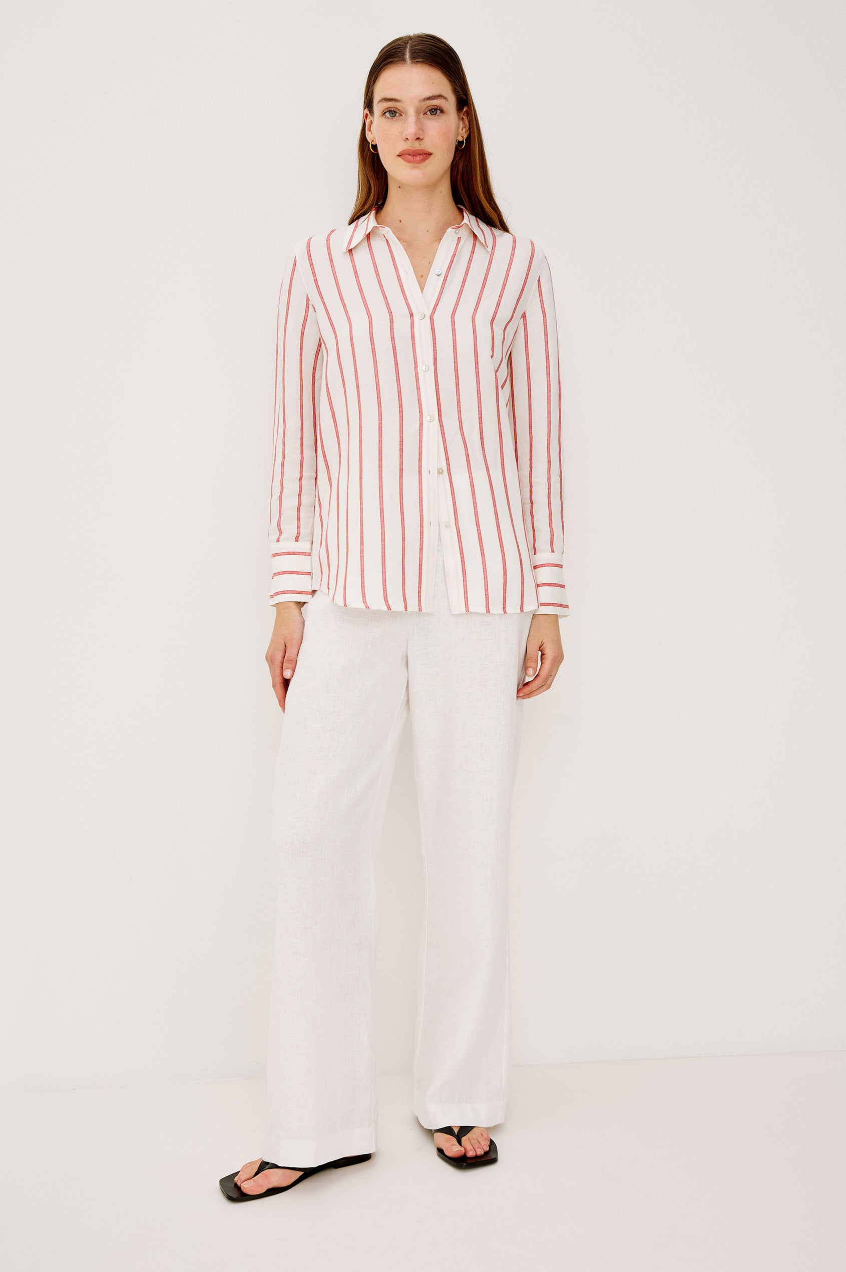 Knox Button-Up Shirt in Linen Viscose With Collar Front Buttons Long Sleeves and Relaxed Fit in Scarlet Ivory Stripe Colorway - Full Body Front View Featured on Model