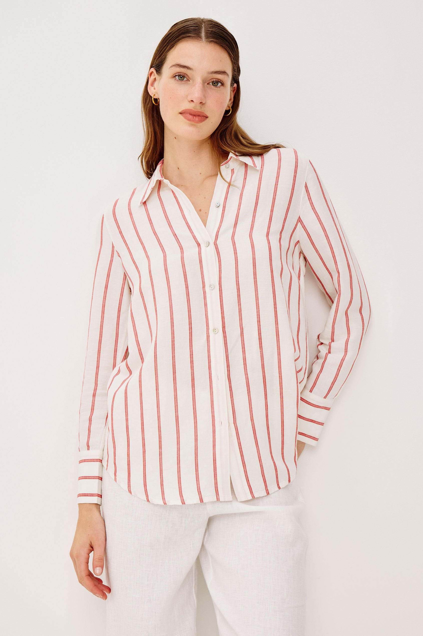 Knox Button-Up Shirt in Linen Viscose With Collar Front Buttons Long Sleeves and Relaxed Fit in Scarlet Ivory Stripe Colorway - Upper Body Front View Featured on Model