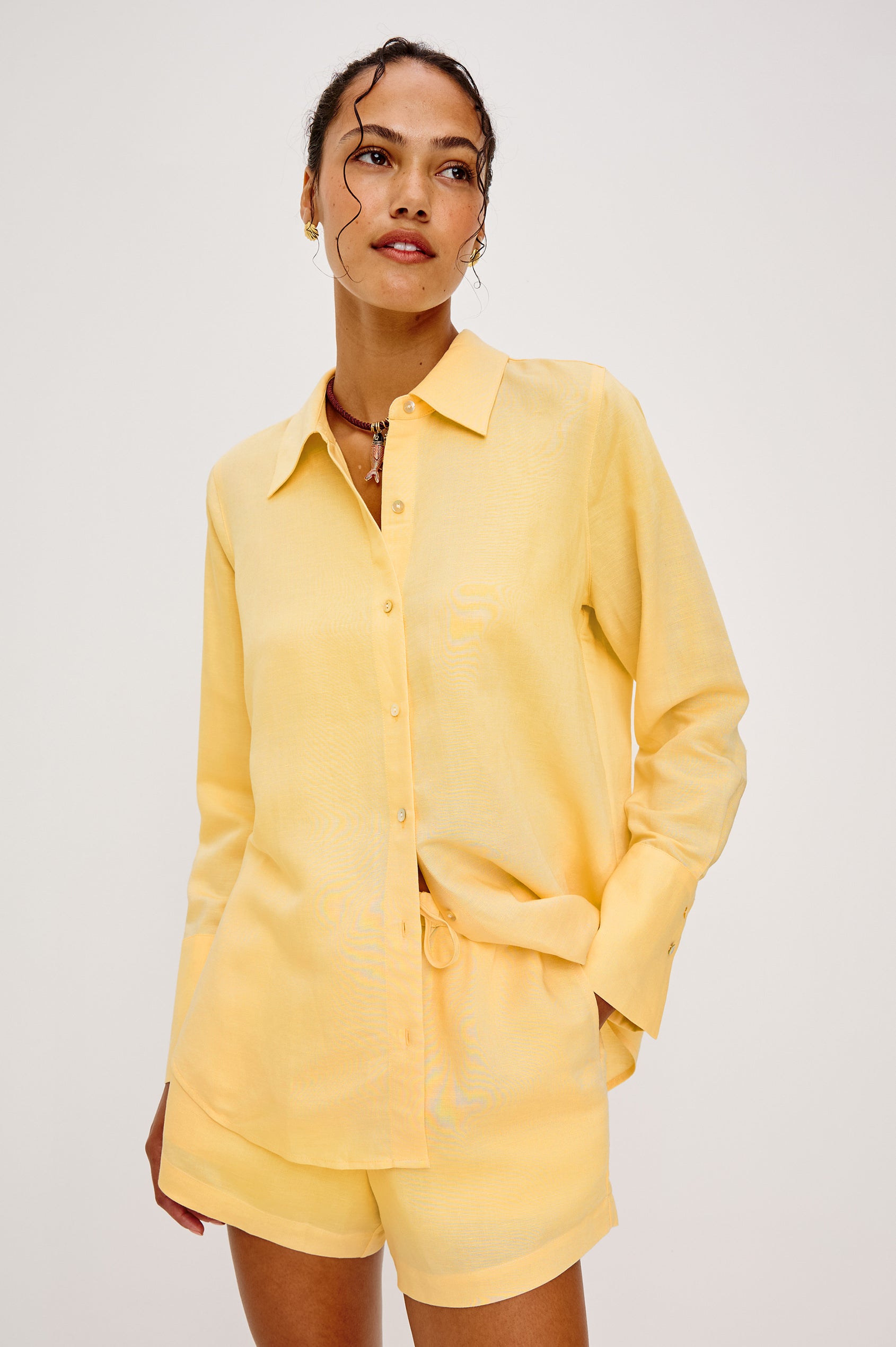 Knox Button-Up Shirt in Linen Viscose With Collar, Front Buttons, Long Sleeves, and Relaxed Fit in Sunshine Colorway - Upper Body Front View Featured on Model
