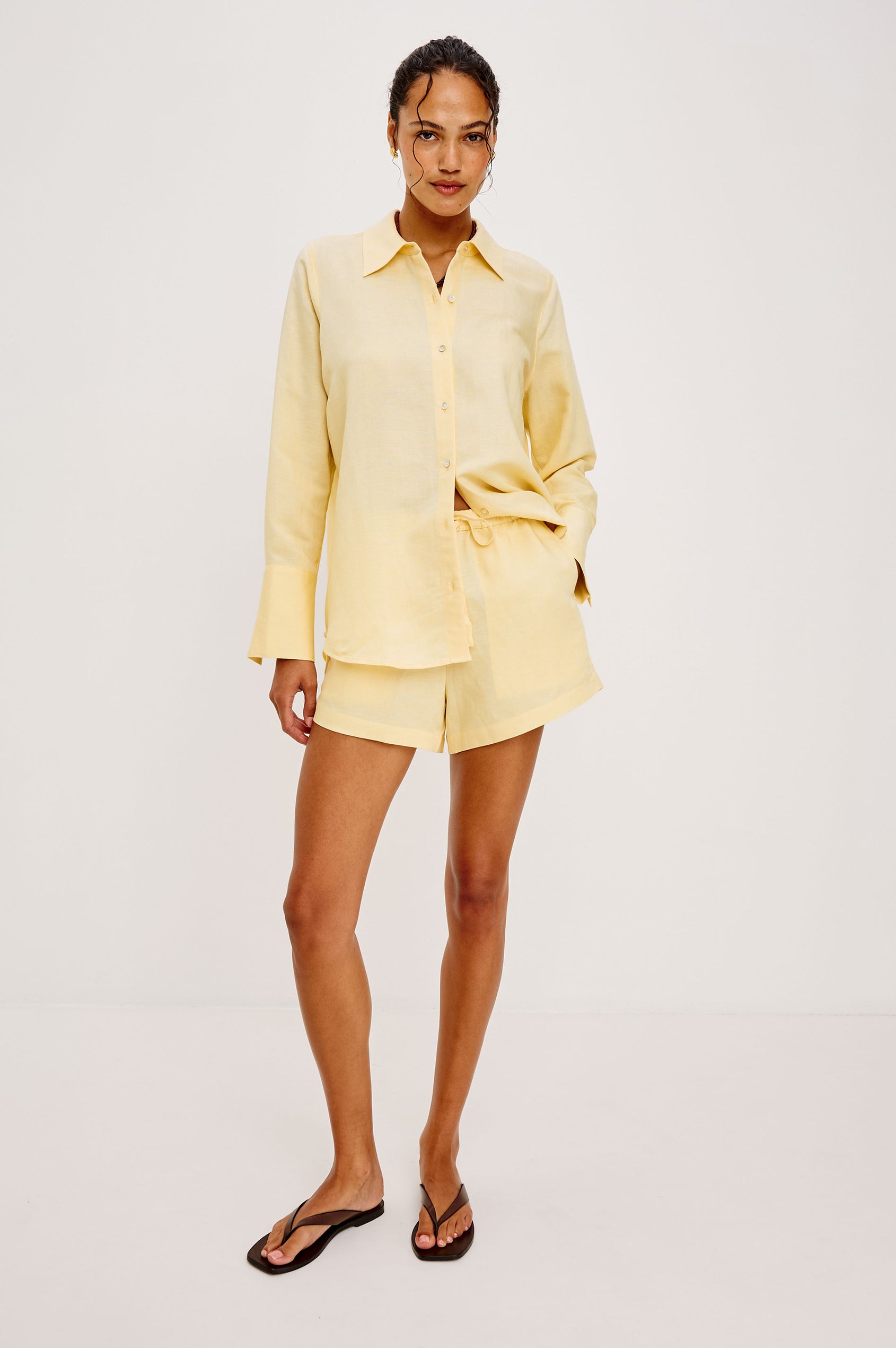 Knox Button-Up Shirt in Linen Viscose With Collar, Front Buttons, Long Sleeves, and Relaxed Fit in Sunshine Colorway - Full Body Front View Featured on Model