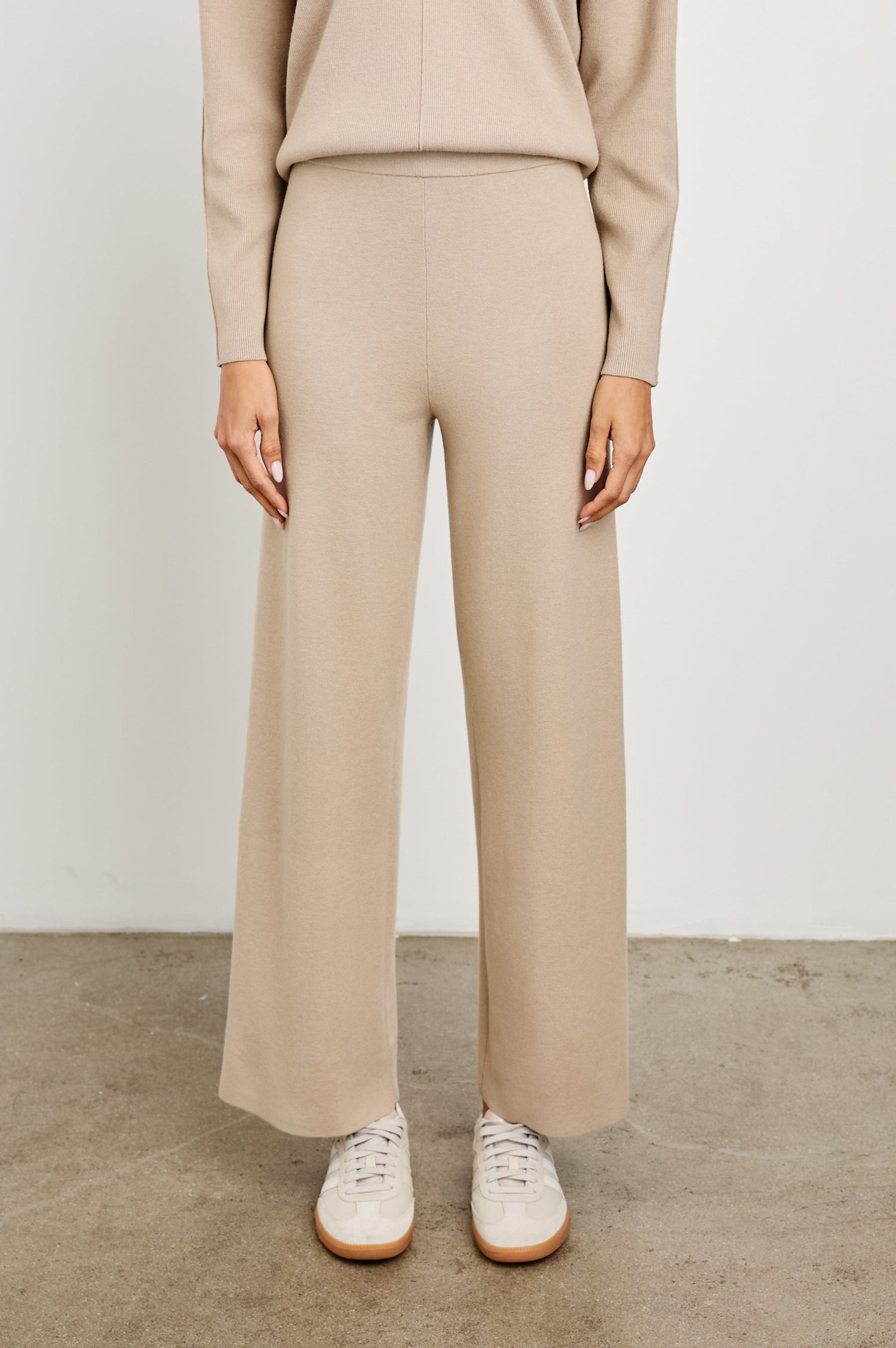 Krista Pants with an Elastic Waist in Oatmeal Colorway - Front View Featured on Model