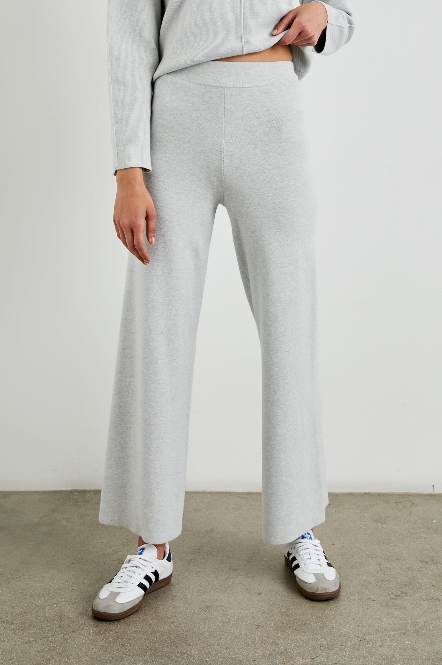 Krista Pants with an Elastic Waist in Light Heather Grey Colorway - Front View Featured on Model