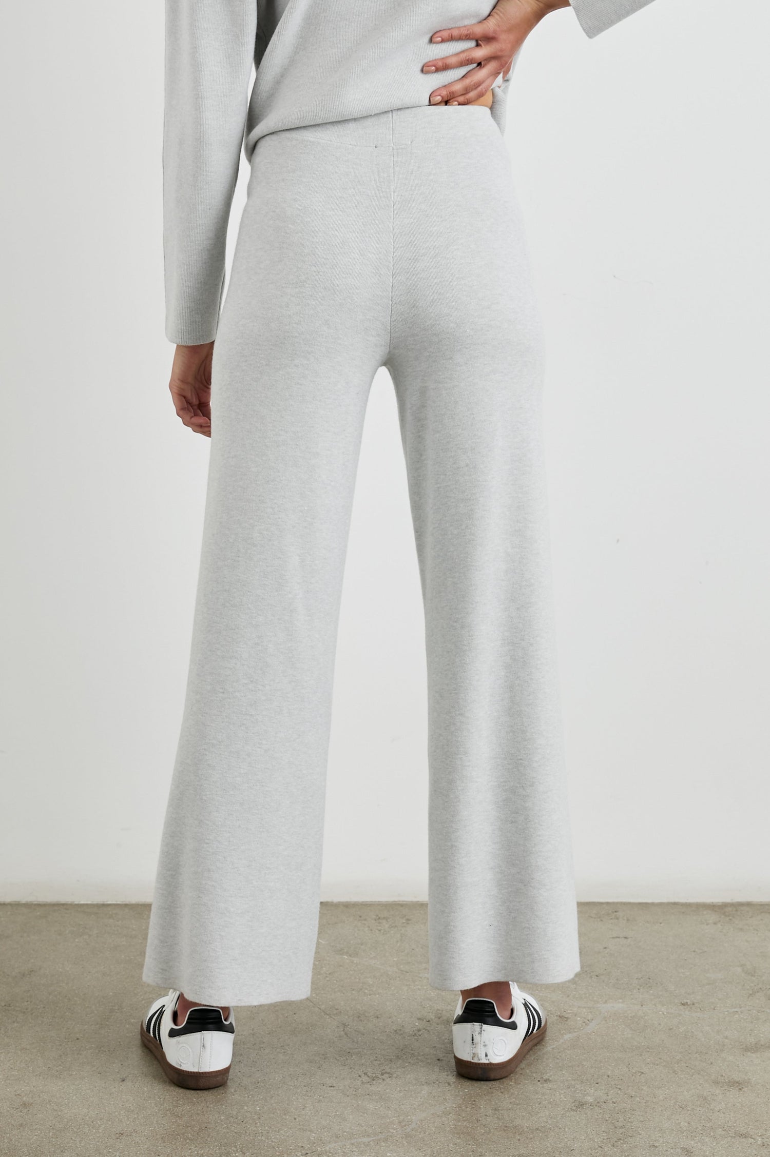 Krista Pants with an Elastic Waist in Light Heather Grey Colorway - Back View Featured on Model