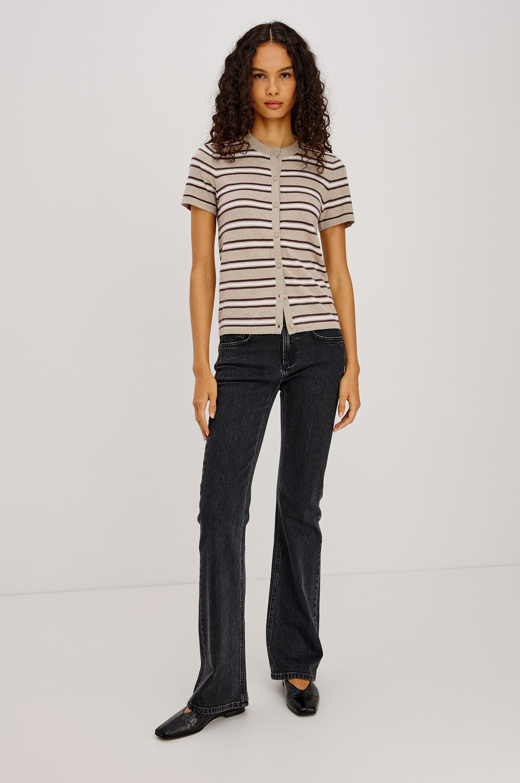 Kylie Top in Cotton-Cashmere Blend With Classic Fit, Crew Neck, and Front Buttons in Heather Oat Stripe Colorway - Full Body Front View Featured on Model
