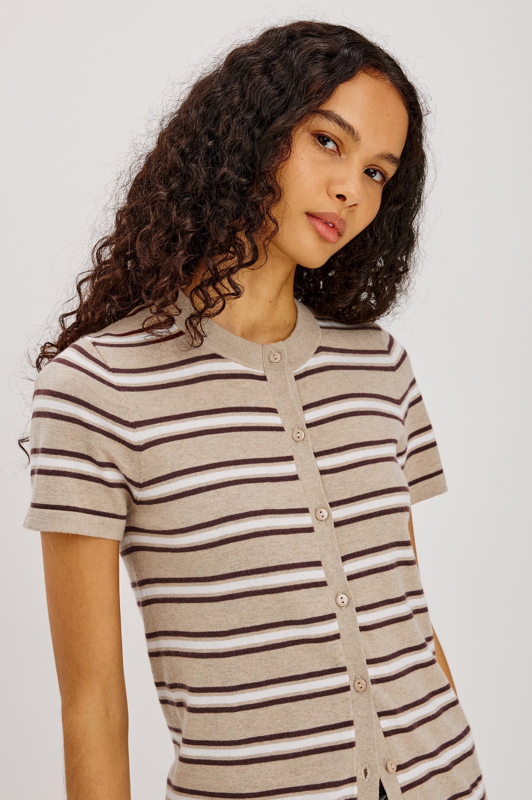 Kylie Top in Cotton-Cashmere Blend With Classic Fit, Crew Neck, and Front Buttons in Heather Oat Stripe Colorway - Upper Body Front View Featured on Model