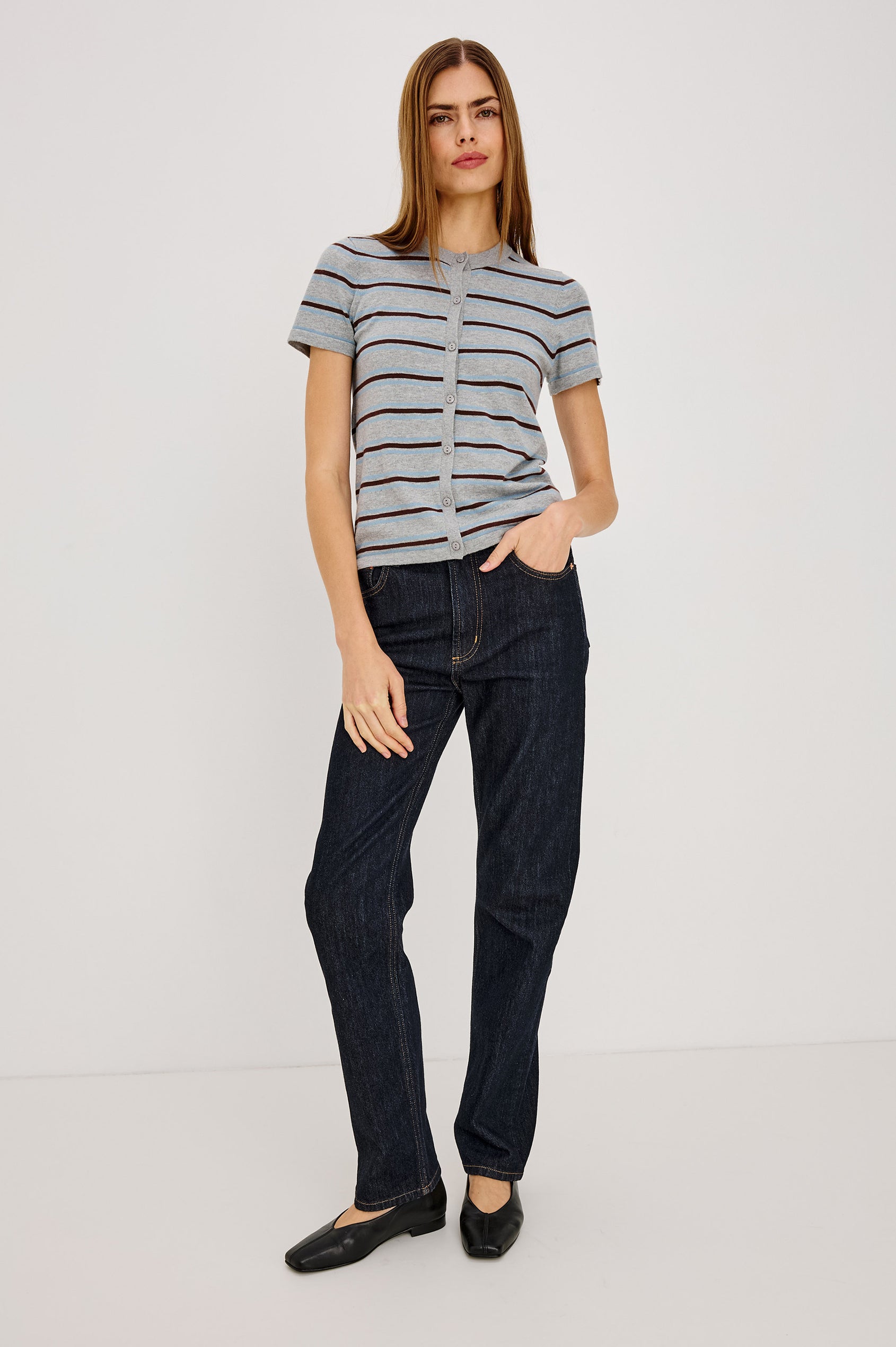 Kylie Top in Cotton-Cashmere Blend With Classic Fit, Crew Neck, and Front Buttons in Heather Sky Colorway - Full Body Front View Featured on Model