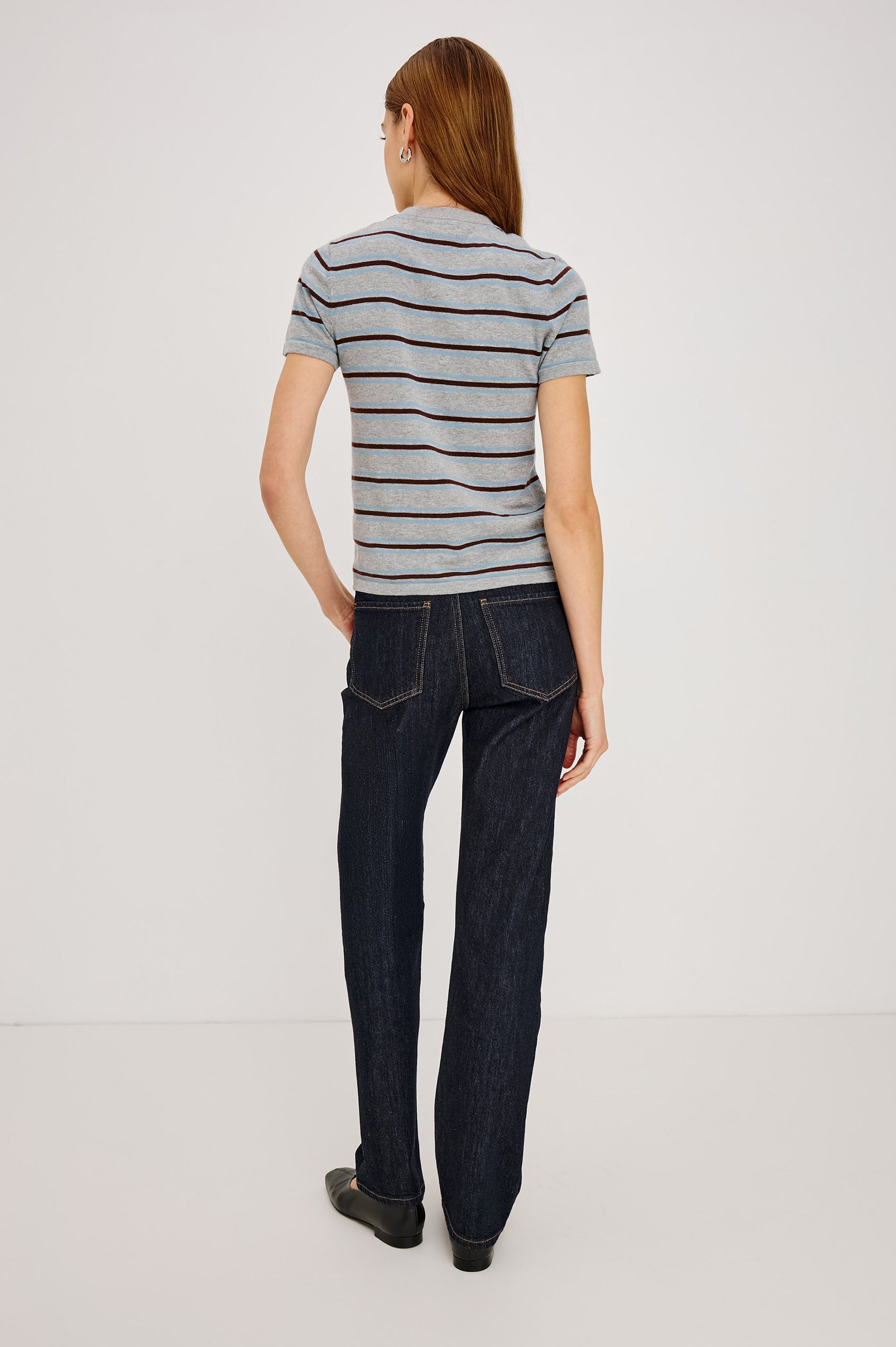 Kylie Top in Cotton-Cashmere Blend With Classic Fit, Crew Neck, and Front Buttons in Heather Sky Colorway - Full Body Back View Featured on Model