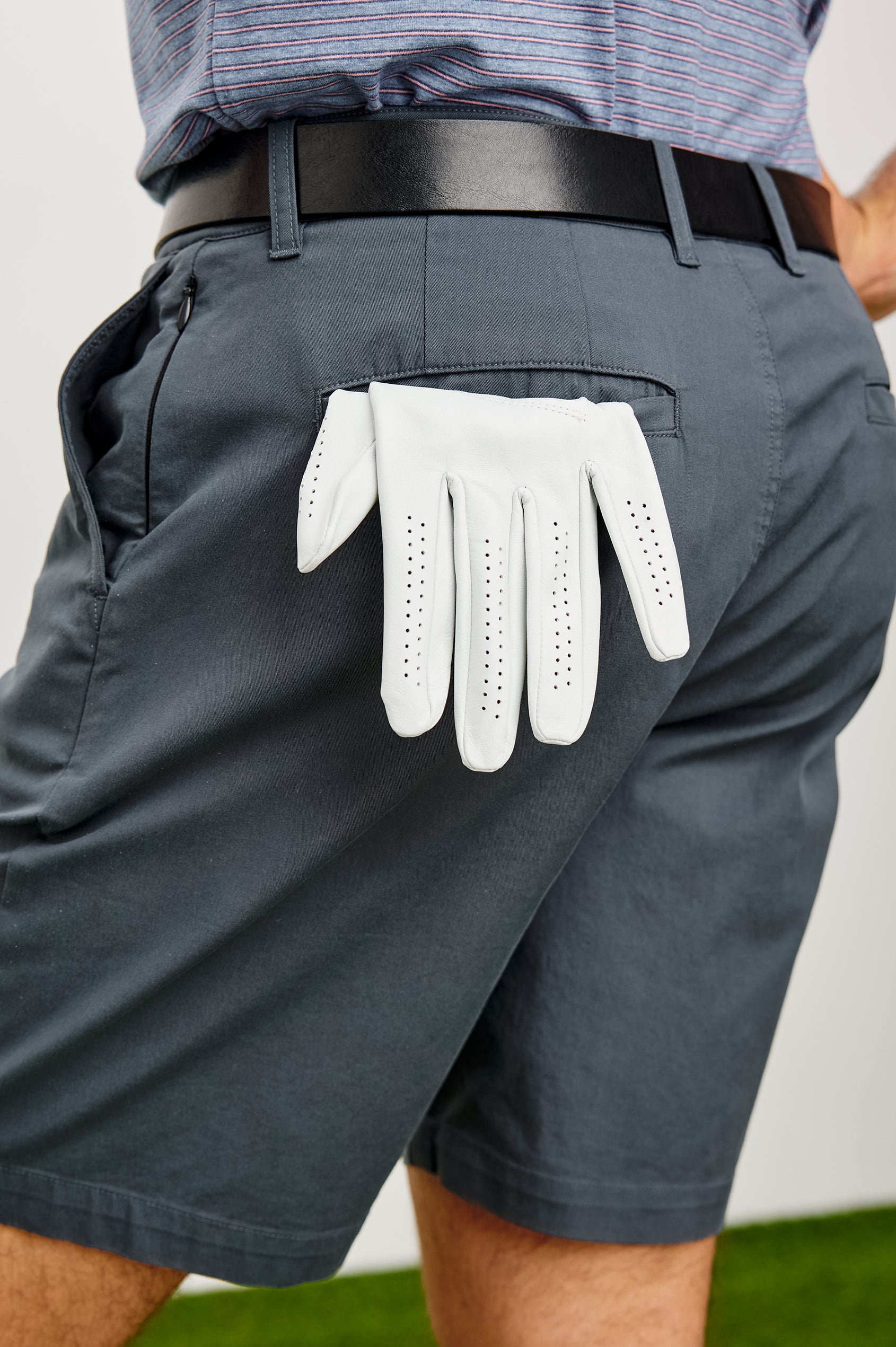 Laguna Mid-Length Short in Light Stretch Cotton With Belt Loops and Side Zip Pockets in Slate Grey Colorway - Lower Body Back View Featured on Model