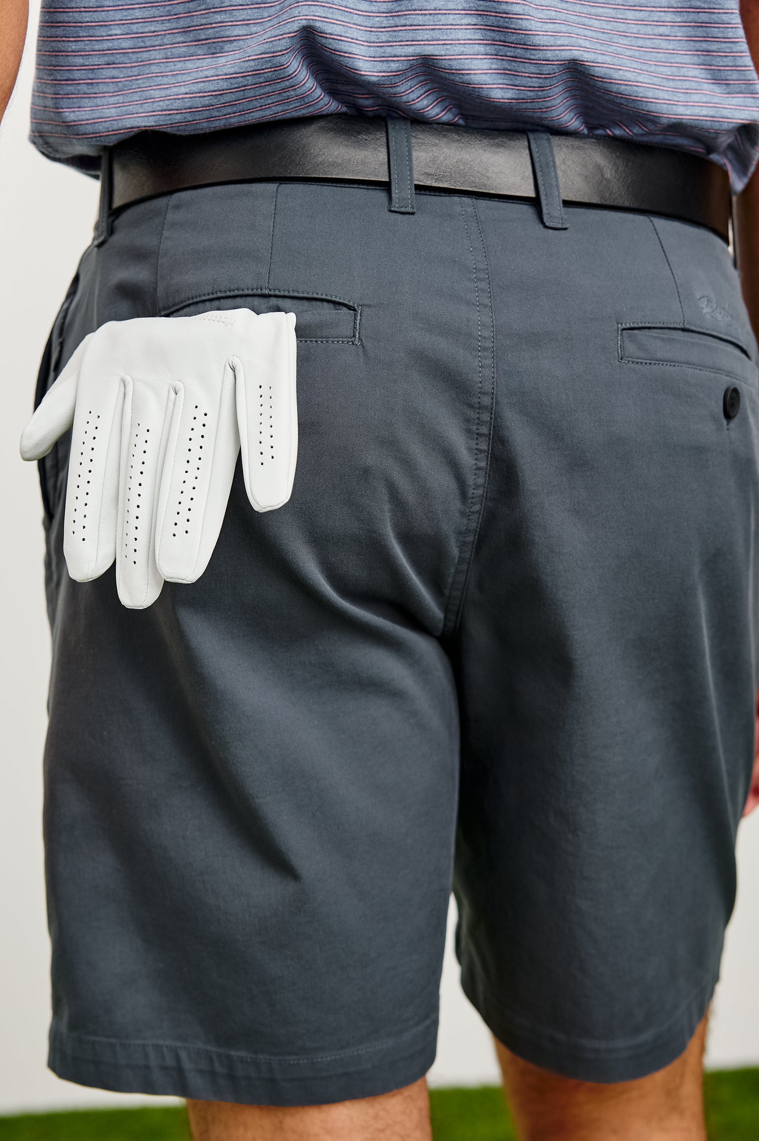 Laguna Mid-Length Short in Light Stretch Cotton With Belt Loops and Side Zip Pockets in Slate Grey Colorway - Lower Body Back View Featured on Model