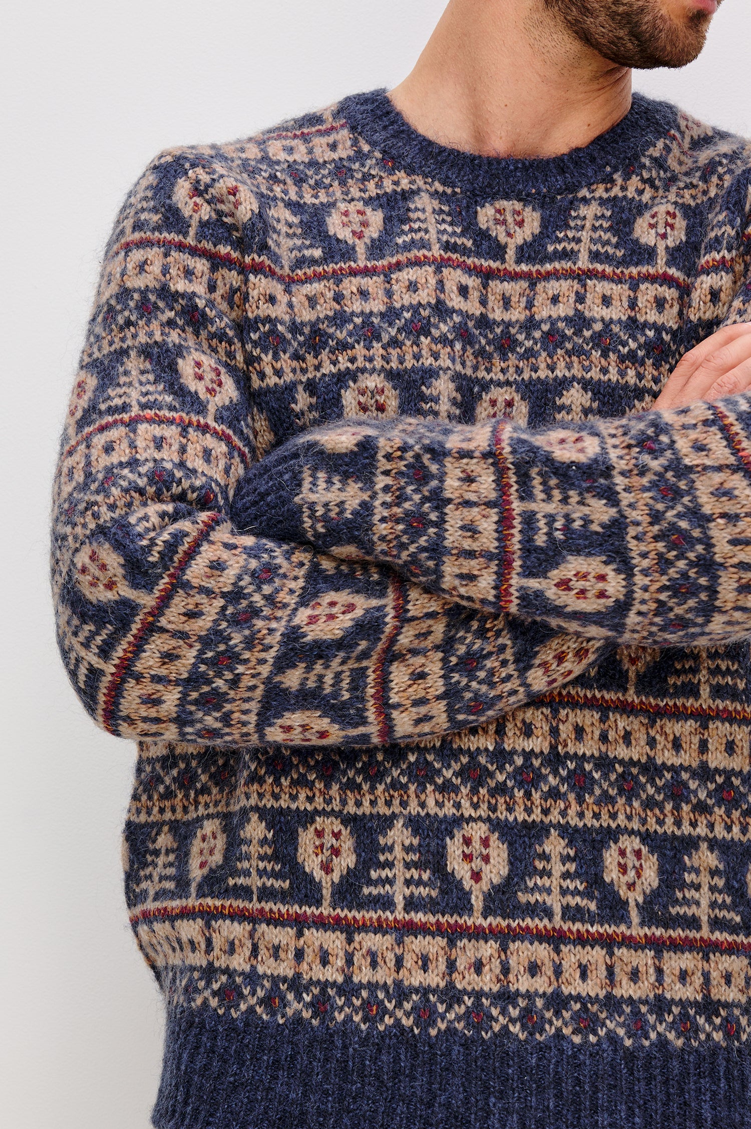 Lars Crewneck Sweater in Merino Wool Blend With Relaxed Fit With Fair Isle Motifs, Long Sleeves, and Ribbed Trim - Front Upper Body View Featured on MOdel
