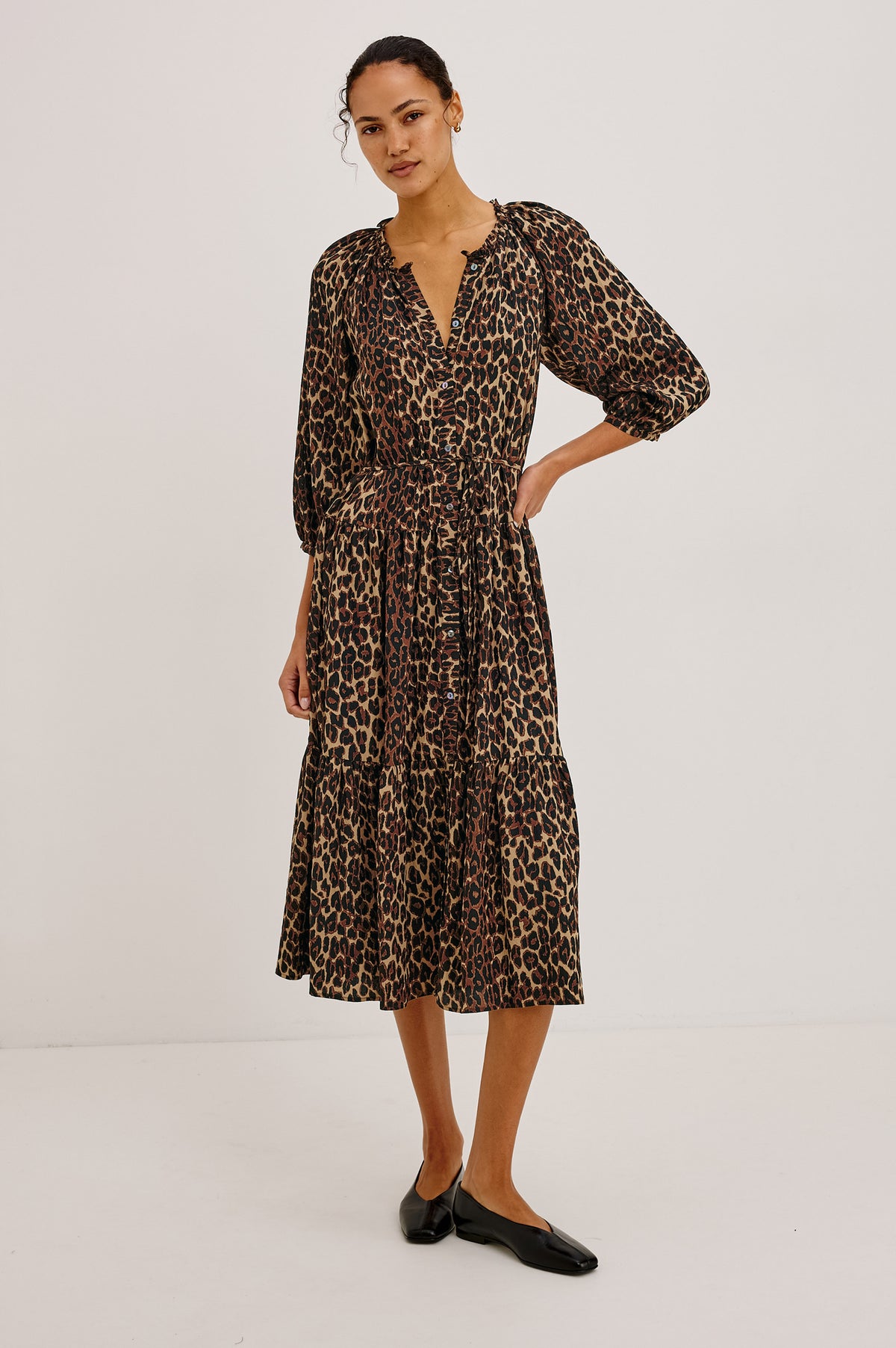 Leanne Maxi Dress in Crinkle Poplin With Loose Swing Fit, Ruffle Trim Peasant Neckline, Long Balloon Sleeves, Front Buttons, and Single Tier in Brown Nala Colorway - Full Body Front View Featured on Model
