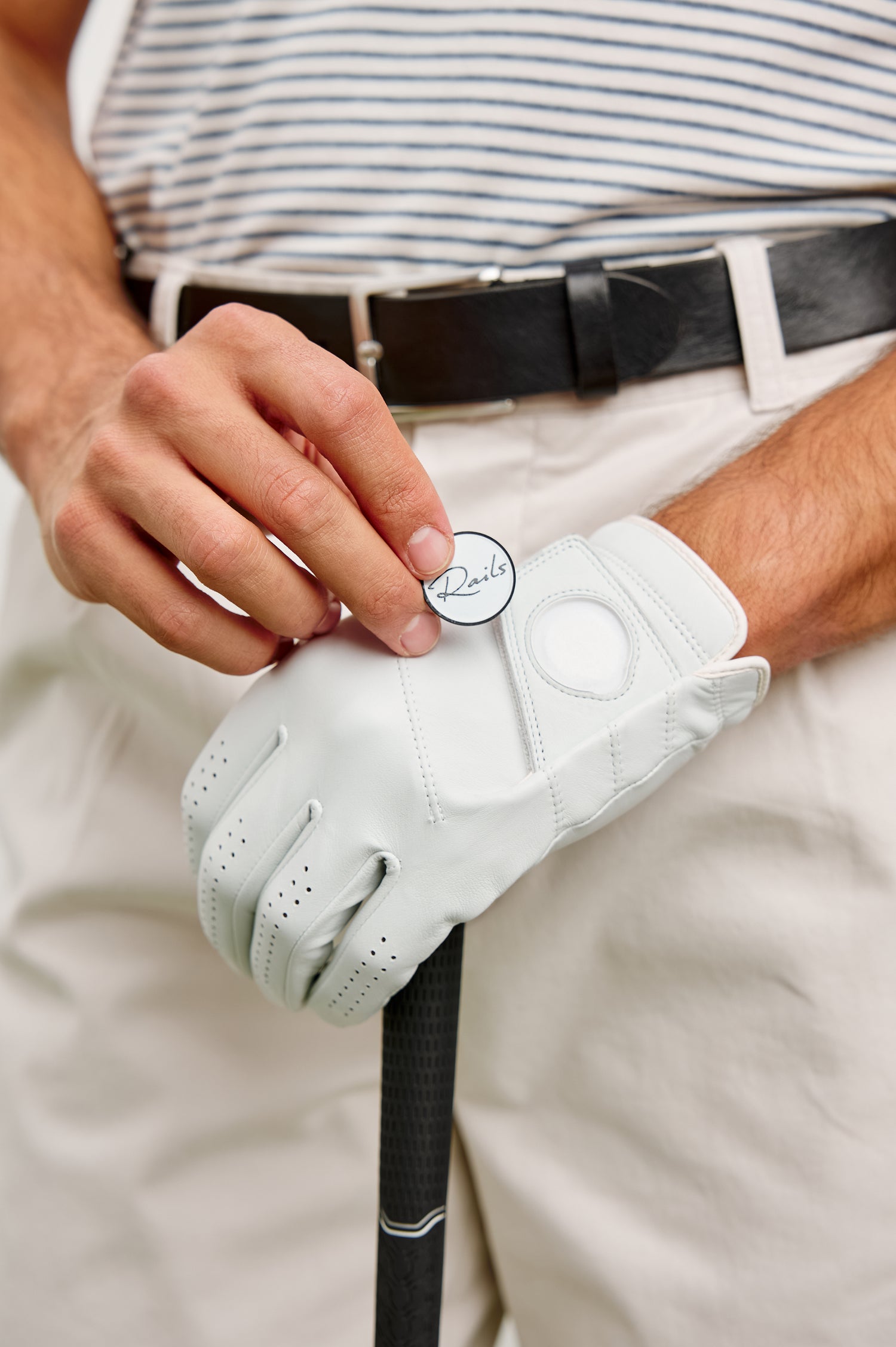 Left Handed Golf Gloves in Leather With Rails Logo Detail in White Colorway - Stylized Product View Featured