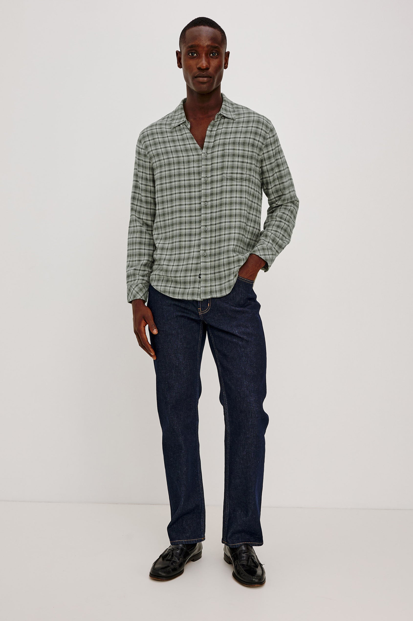 Lennox Plaid Shirt in Double-Brushed Cotton With Spread Collar, Relaxedd Fit, Chest Pocket, Button Front, and Shirttail Hem in Birch Forest Colorway - Full Body Front View Featured on Model