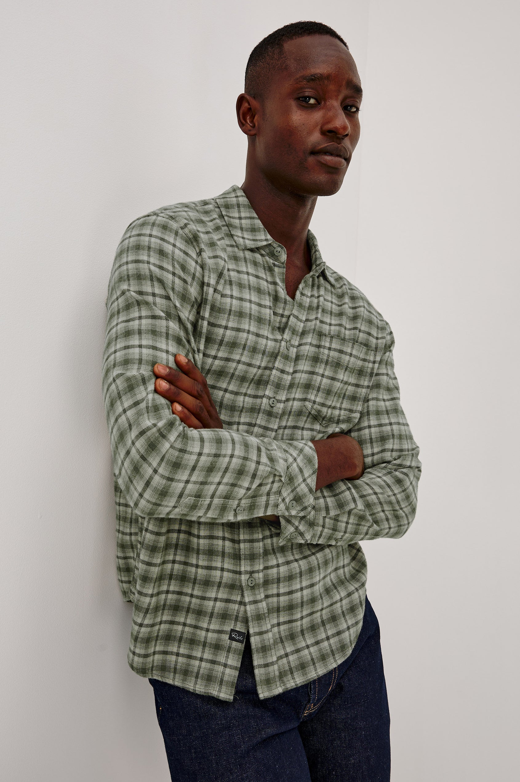 Lennox Plaid Shirt in Double-Brushed Cotton With Spread Collar, Relaxedd Fit, Chest Pocket, Button Front, and Shirttail Hem in Birch Forest Colorway - Upper Body Front View Featured on Model