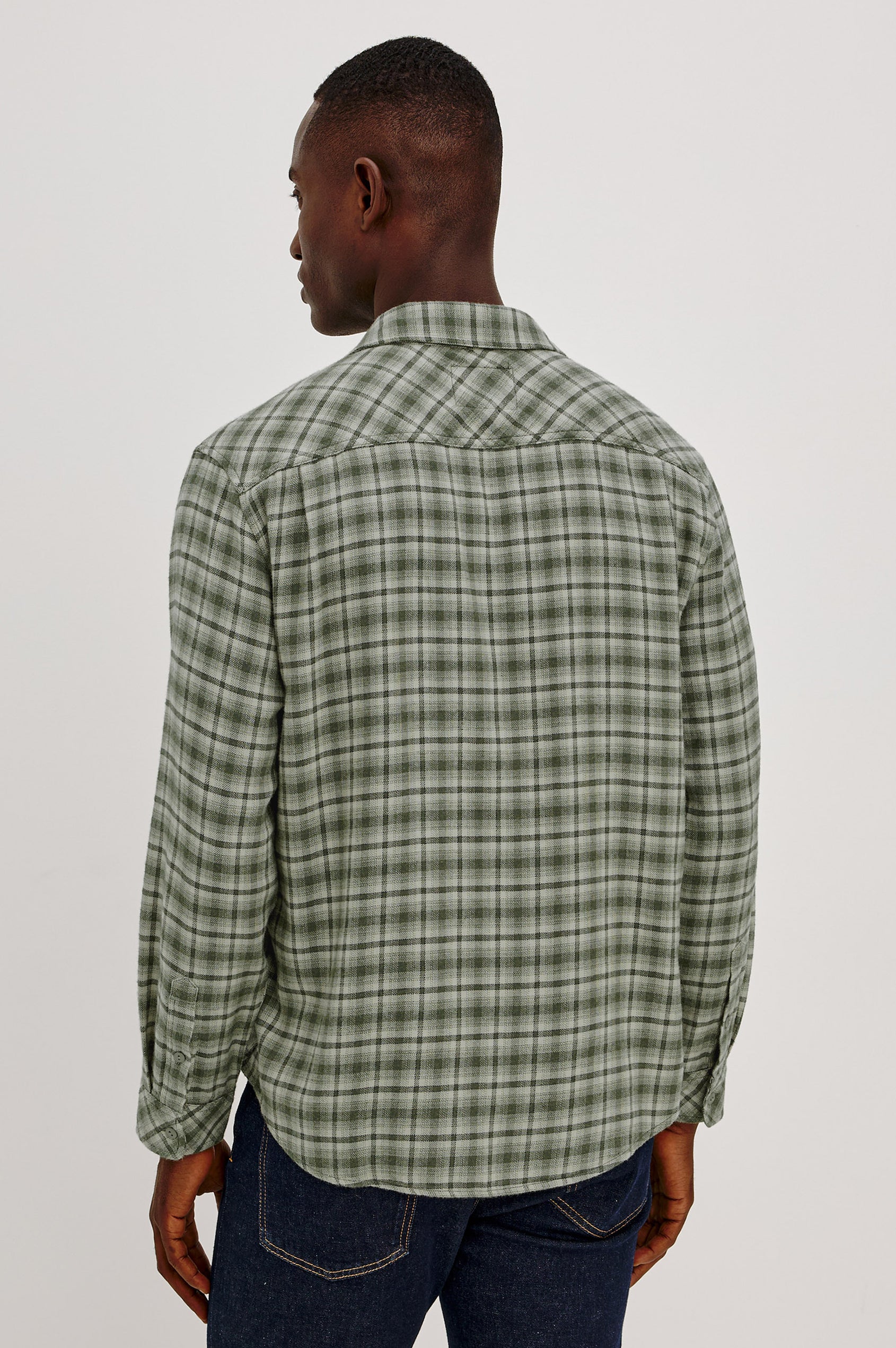 Lennox Plaid Shirt in Double-Brushed Cotton With Spread Collar, Relaxedd Fit, Chest Pocket, Button Front, and Shirttail Hem in Birch Forest Colorway - Upper Body Back View Featured on Model