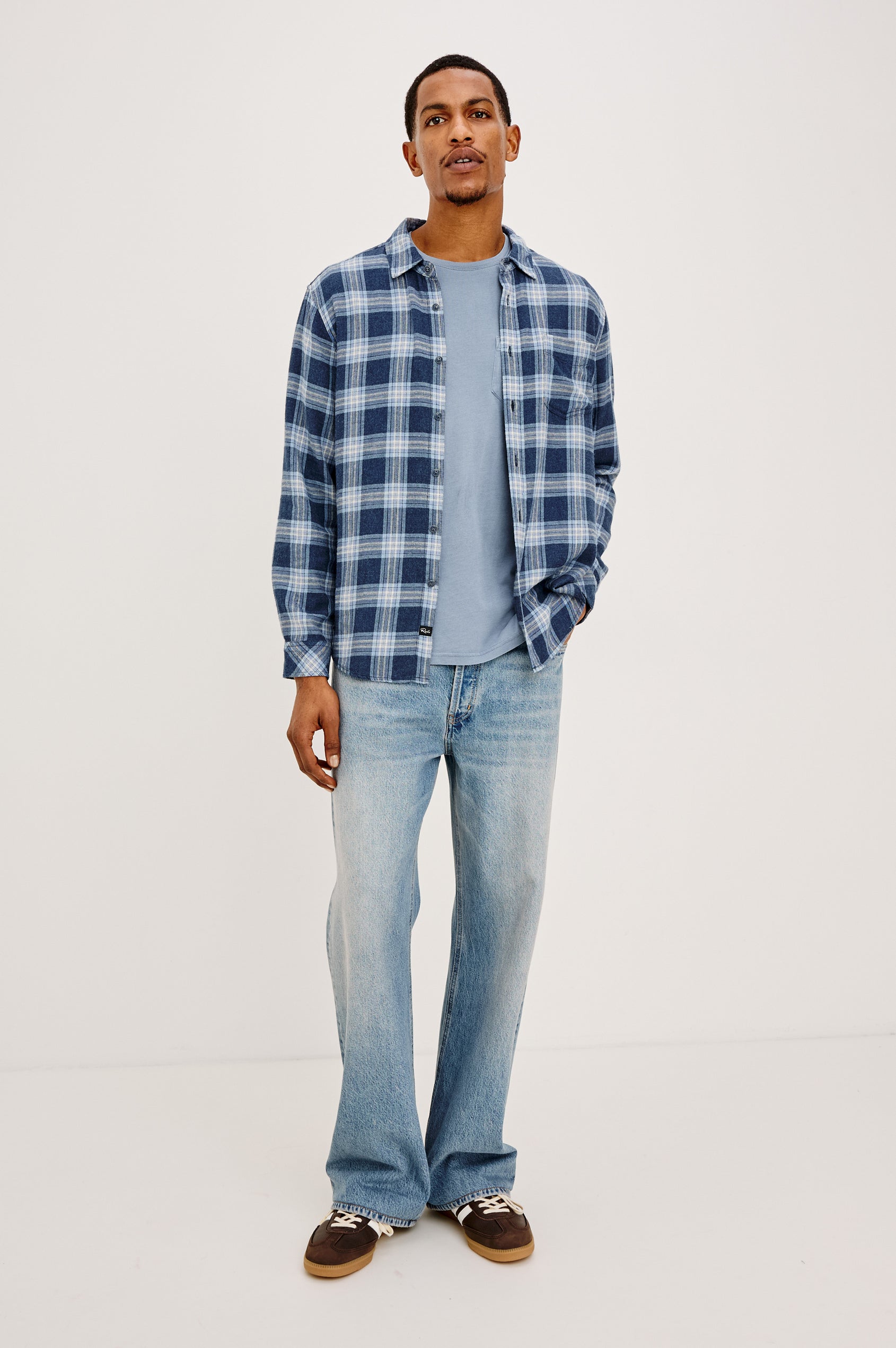 Lennox Plaid Shirt in Double-Brushed Cotton With Spread Collar, Relaxed Fit, Chest Pocket, Button Front, and Shirttail Hem in Marine Heather Glass Colorway - Full body front view featured on model.