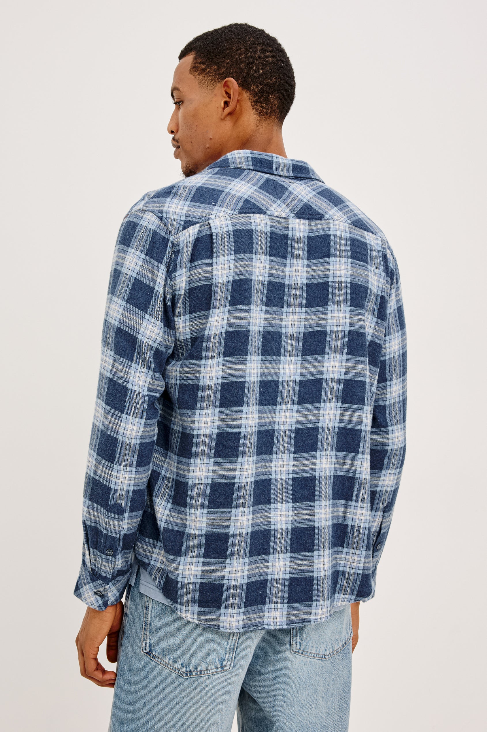 Lennox Plaid Shirt in Double-Brushed Cotton With Spread Collar, Relaxed Fit, Chest Pocket, Button Front, and Shirttail Hem in Marine Heather Glass Colorway - Back view featured on model.