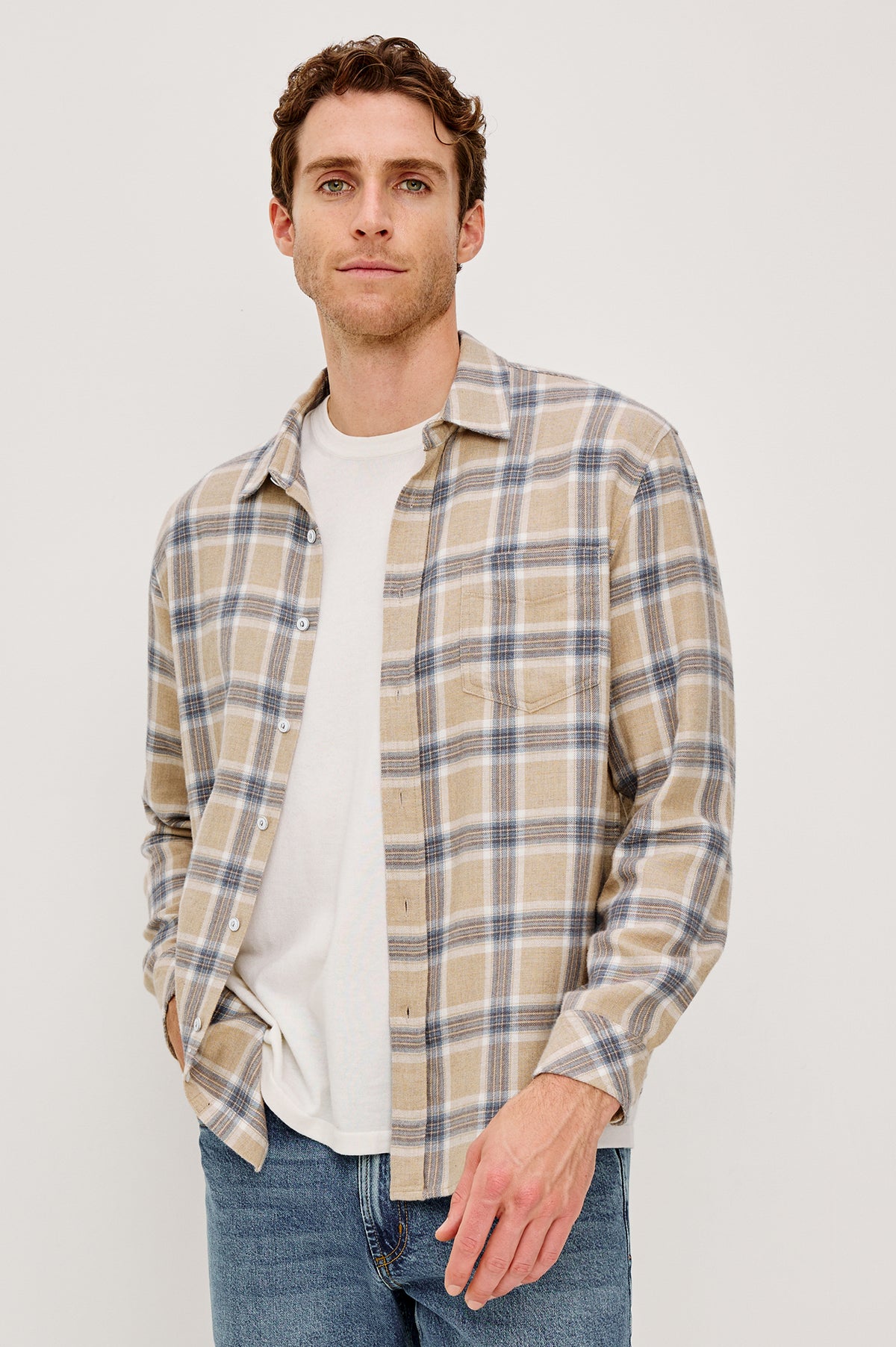 Lennox Long-Sleeve Button Up with a Chest Patch Pocket in Palamino Skyline Melange Colorway, a plaid in Palamino, Skyline and White - Front View Featured on Model