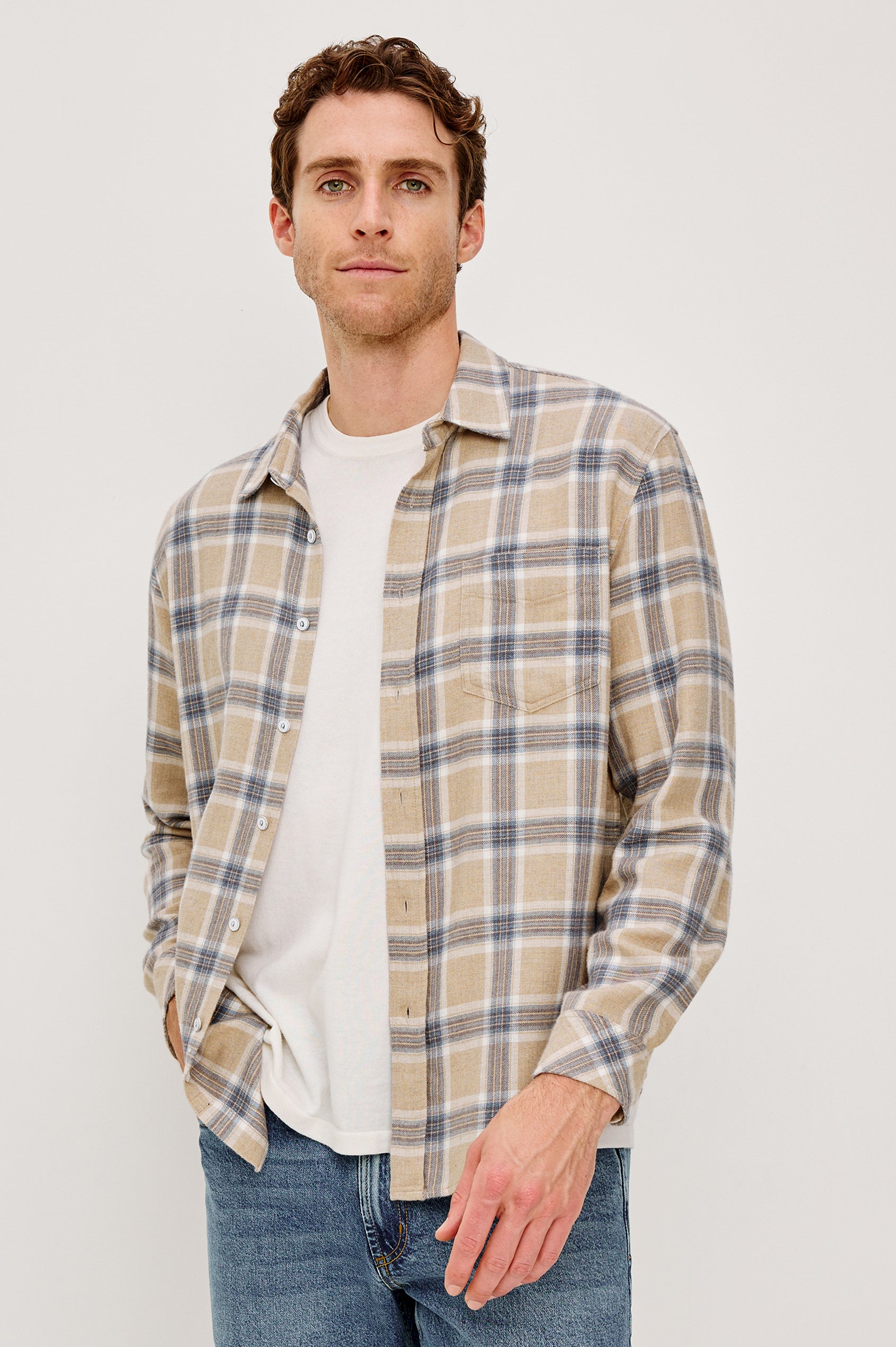 Lennox Long-Sleeve Button Up with a Chest Patch Pocket in Palamino Skyline Melange Colorway, a plaid in Palamino, Skyline and White - Front View Featured on Model