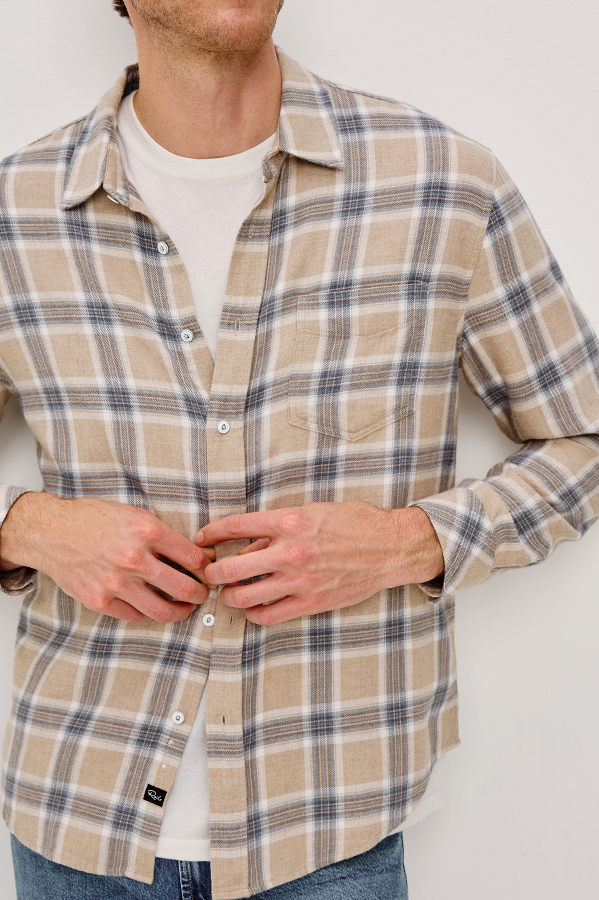 Lennox Long-Sleeve Button Up with a Chest Patch Pocket in Palamino Skyline Melange Colorway, a plaid in Palamino, Skyline and White - Front Detail View Featured on Model